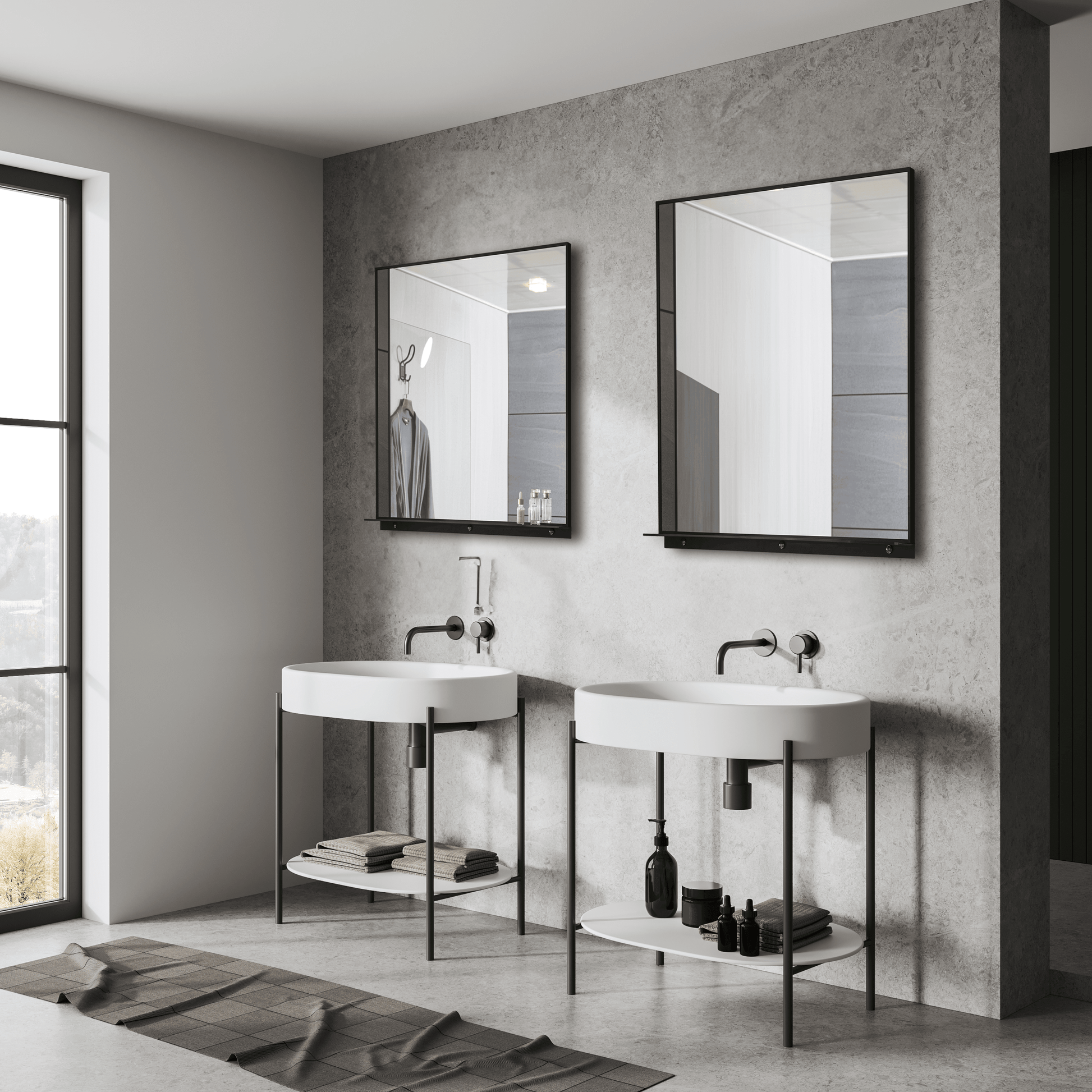 Lexi 24" x 32" Black & Chrome Framed Wall Mirror with Shelf – Water Resistant & Versatile