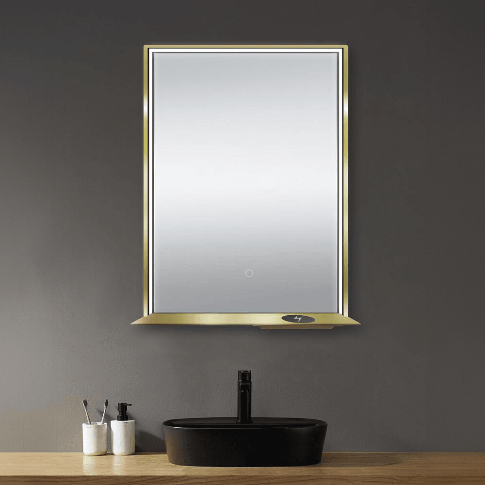 The Allegra rectangular LED bathroom mirror with Bluetooth speaker, wireless charging, and anti-fog