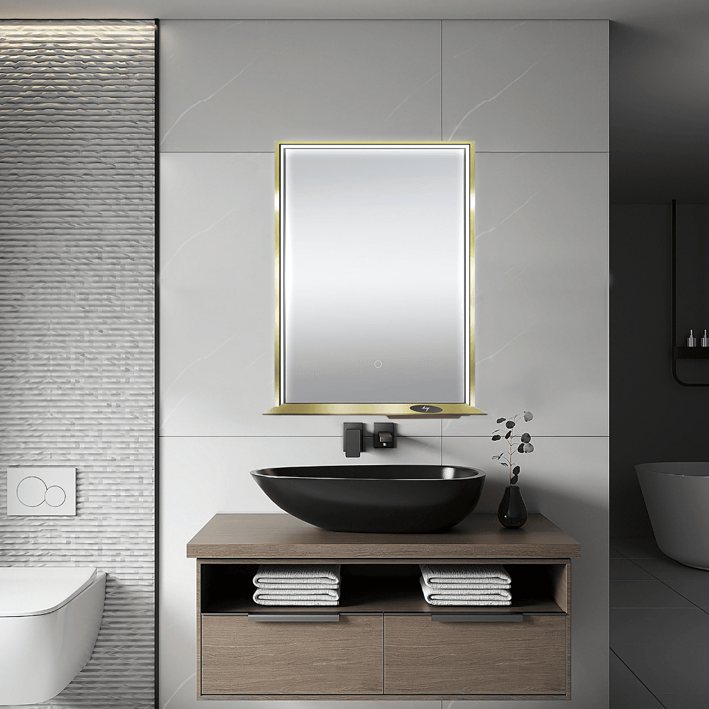 The Allegra rectangular LED bathroom mirror with Bluetooth speaker, wireless charging, and anti-fog