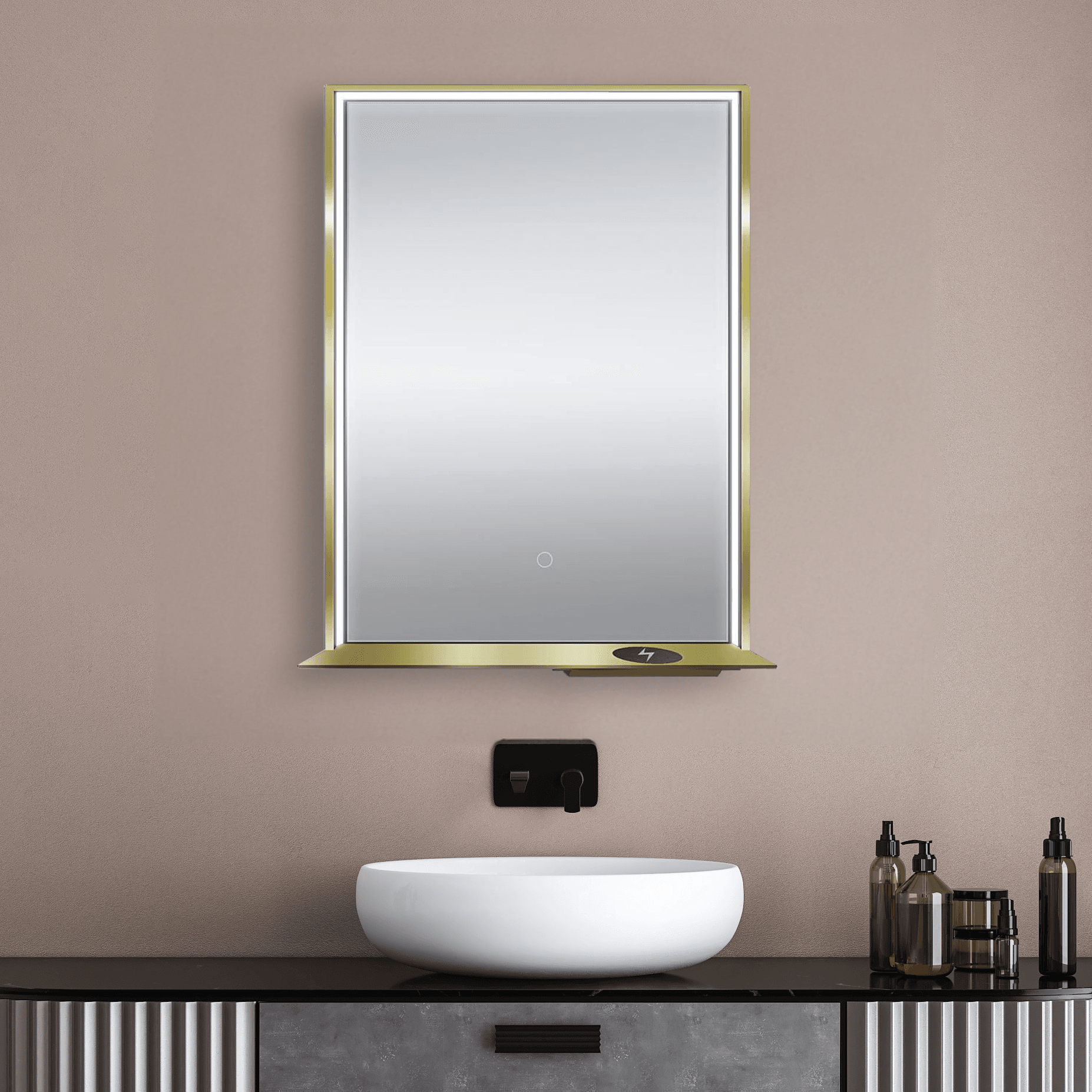 The Allegra rectangular LED bathroom mirror with Bluetooth speaker, wireless charging, and anti-fog
