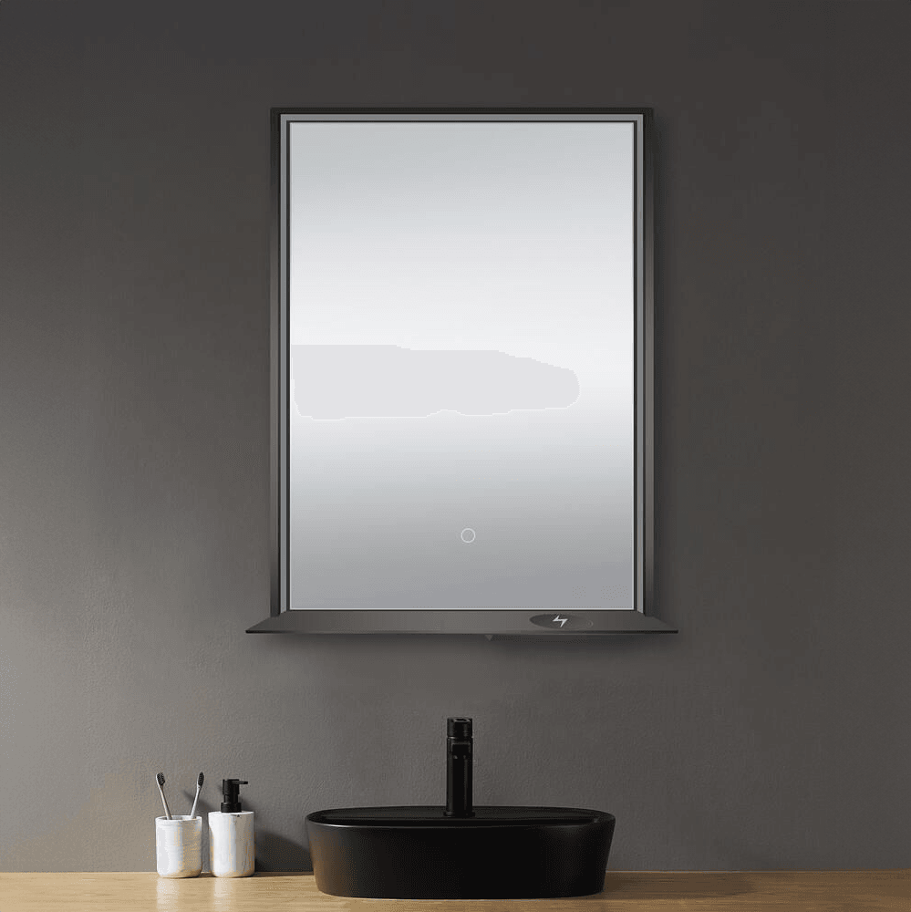 The Allegra rectangular LED bathroom mirror with Bluetooth speaker, wireless charging, and anti-fog