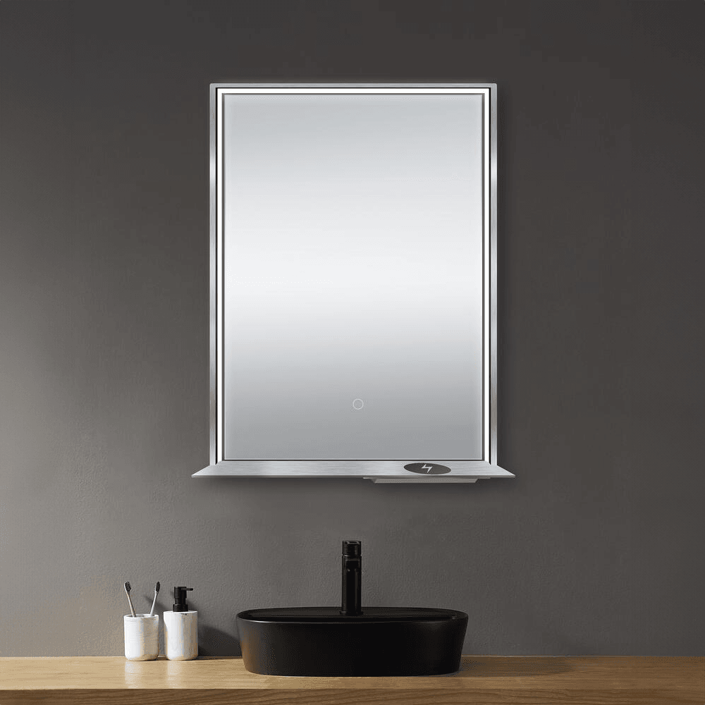 The Allegra rectangular LED bathroom mirror with Bluetooth speaker, wireless charging, and anti-fog