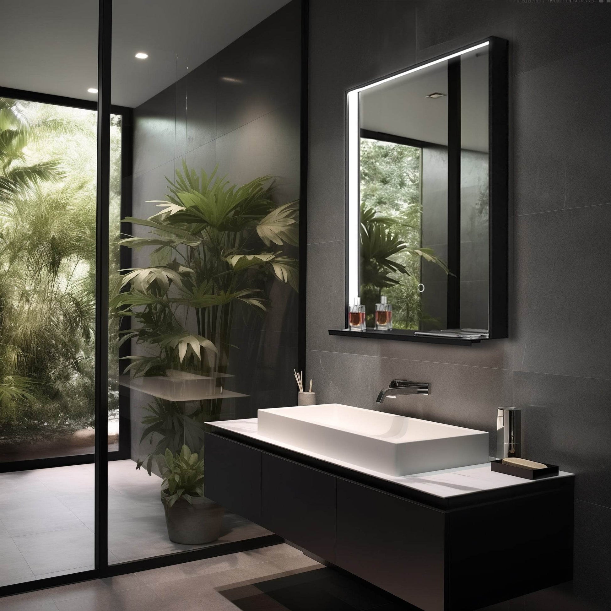 The Allegra rectangular LED bathroom mirror with Bluetooth speaker, wireless charging, and anti-fog