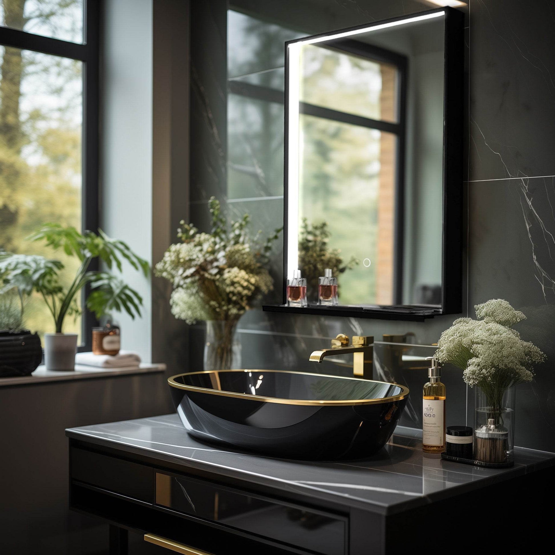 The Allegra rectangular LED bathroom mirror with Bluetooth speaker, wireless charging, and anti-fog