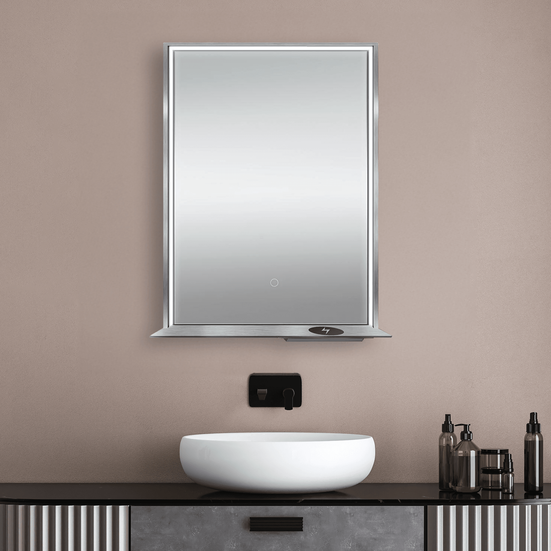 The Allegra rectangular LED bathroom mirror with Bluetooth speaker, wireless charging, and anti-fog