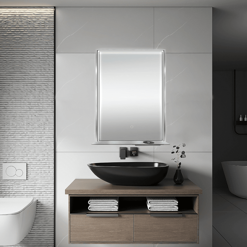 The Allegra rectangular LED bathroom mirror with Bluetooth speaker, wireless charging, and anti-fog