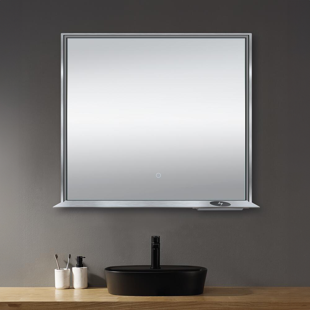 Allegra 36"W x 32"H Framed LED Mirror with Bluetooth Speaker and Wireless Cell Phone Charger - Available in 3 colors - Dreamwerks