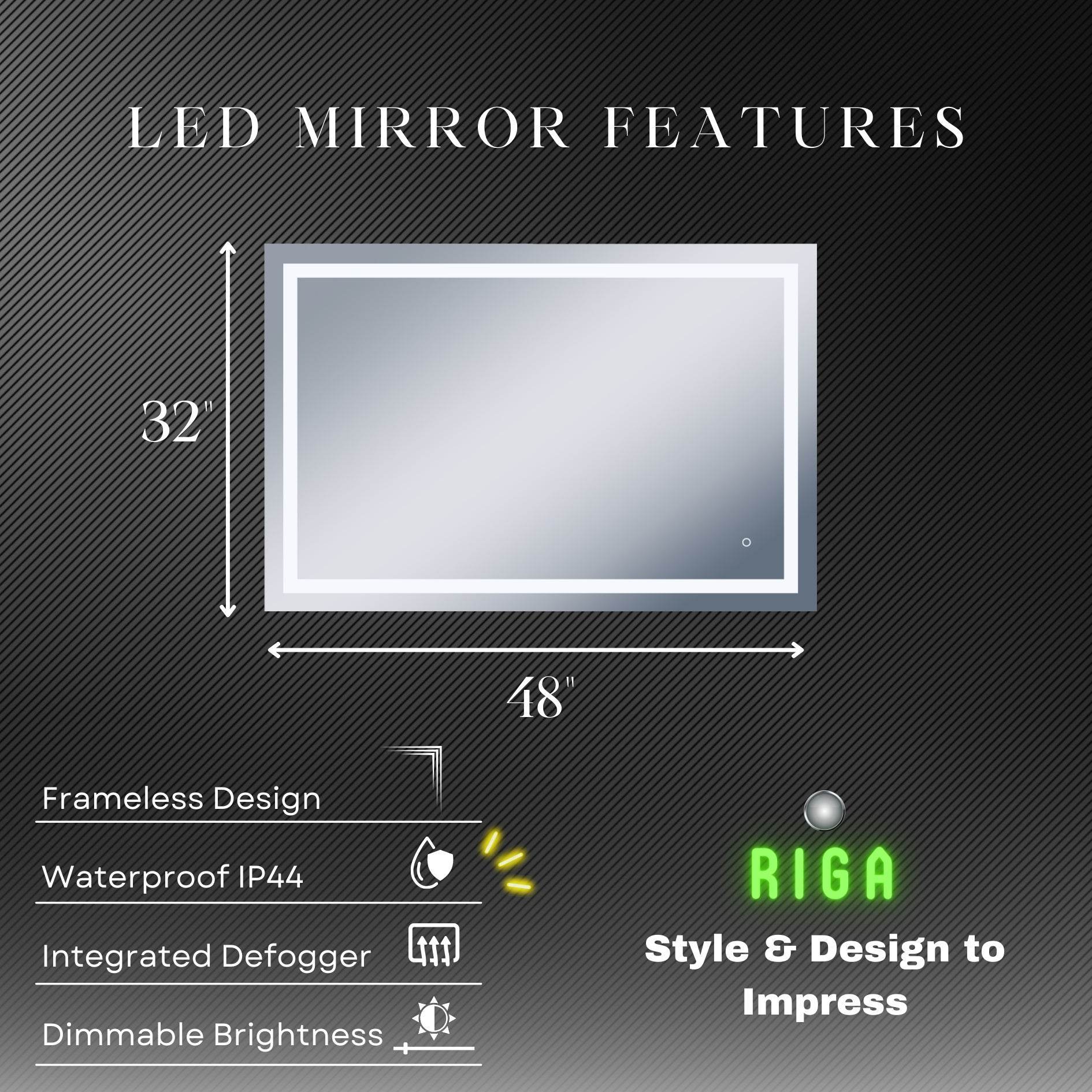Riga Defogger Mirror with Dimmable LED – Luxury Illuminated Wall Mirror in 4 Sizes | Dreamwerks