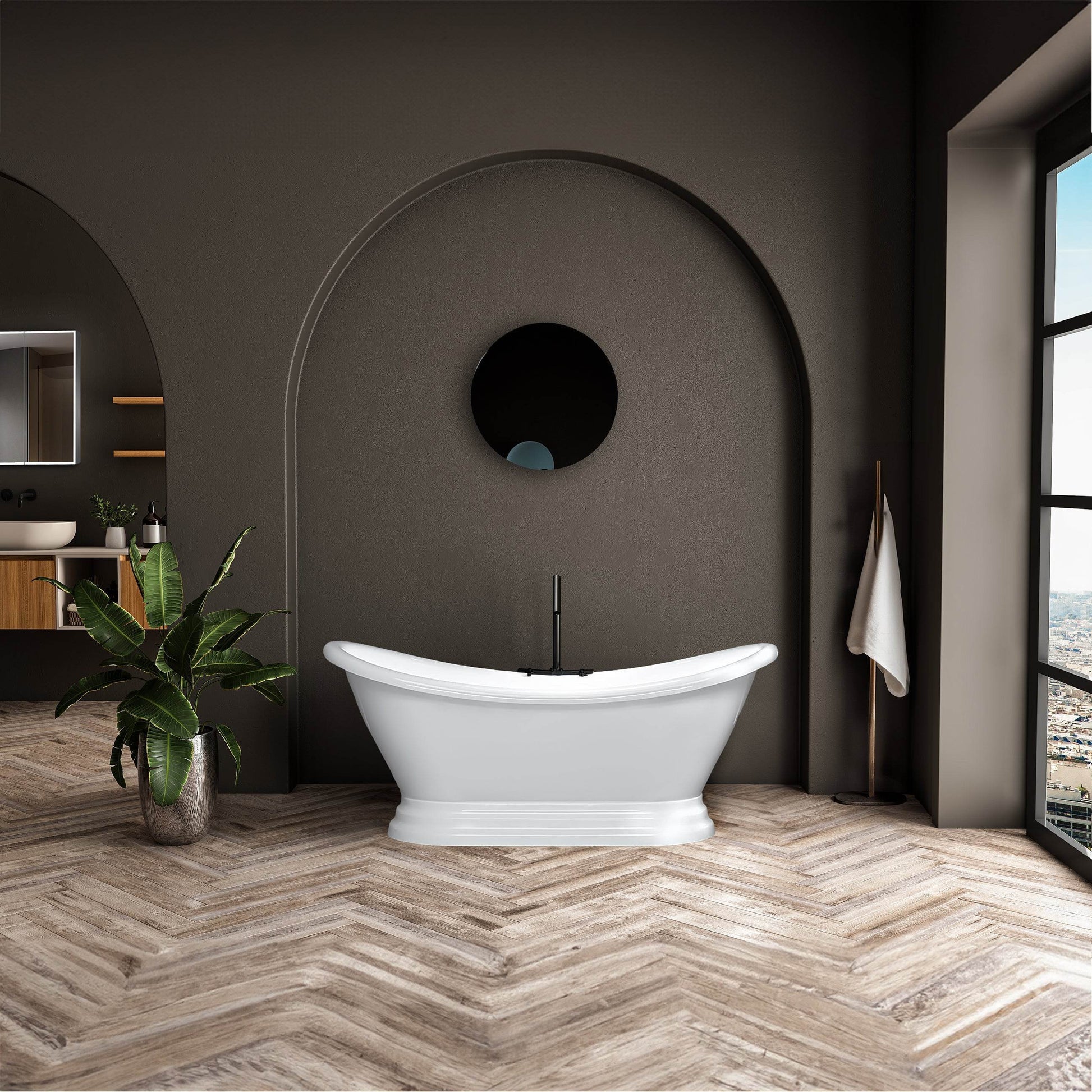 Dreamwerks 5.75 ft. acrylic freestanding pedestal bathtub – 30" wide ergonomic soaking tub