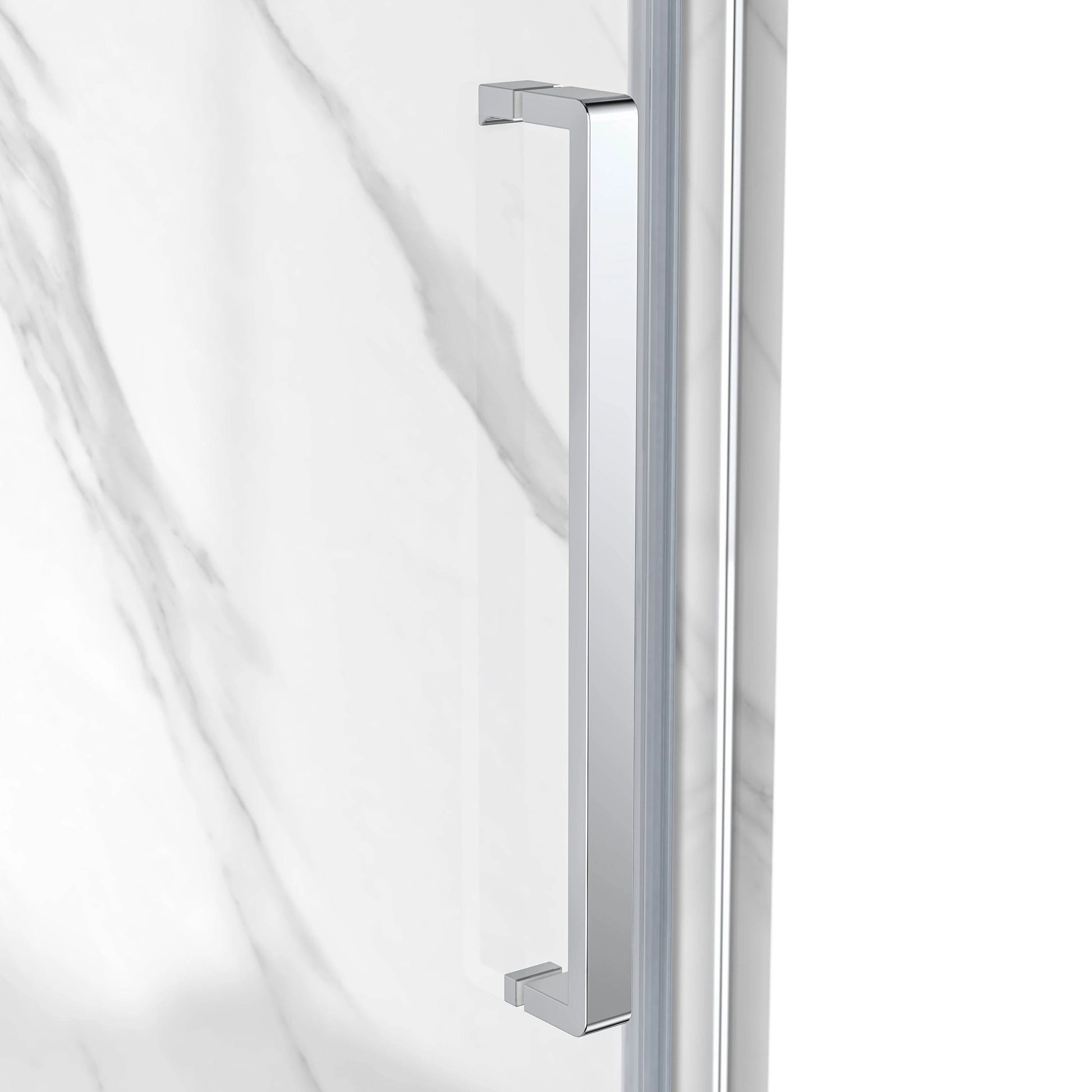 Close-up of a shower door handle on a glass panel with a white background
