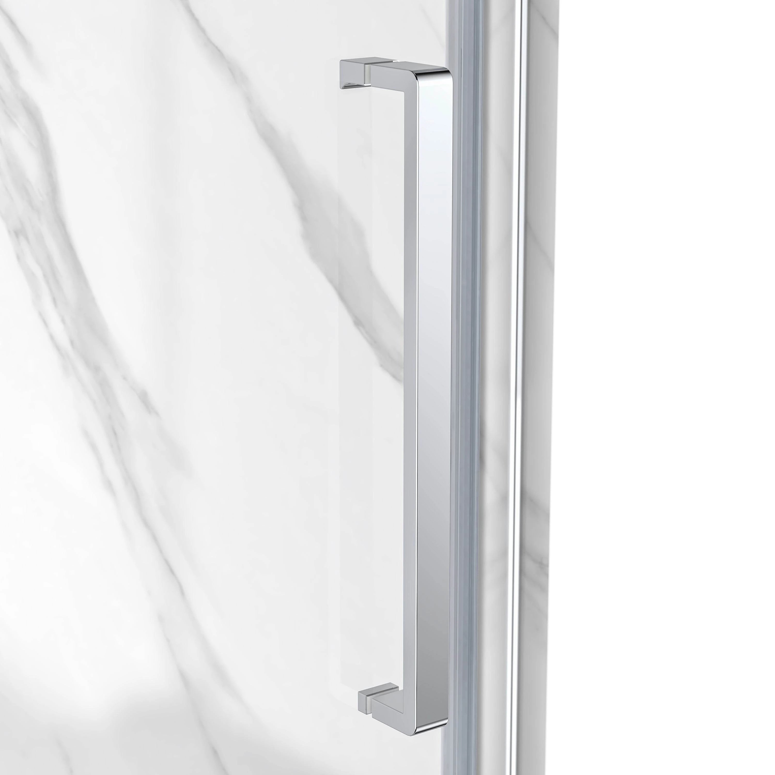 Close-up of a shower door handle on a glass panel with a white background
