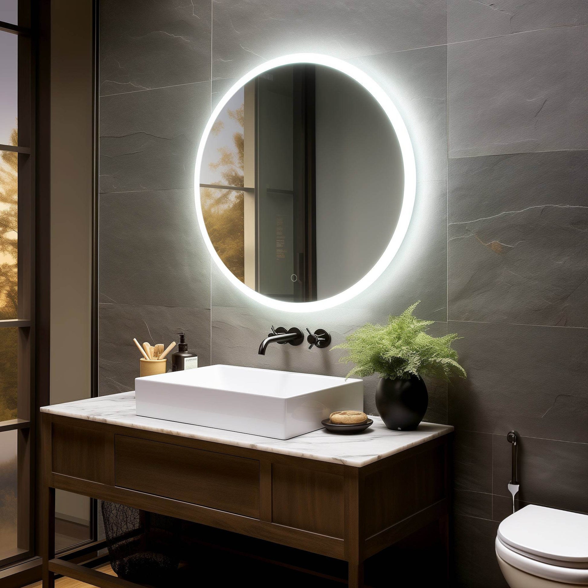 Onyx Frameless round LED mirror with touch sensor, defogger, and halo lighting effect - Dreamwerks