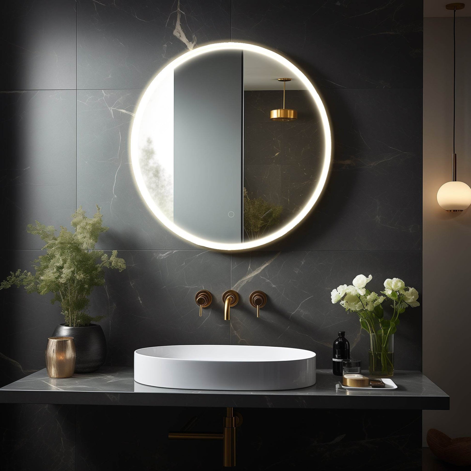Onyx Frameless round LED mirror with touch sensor, defogger, and halo lighting effect - Dreamwerks