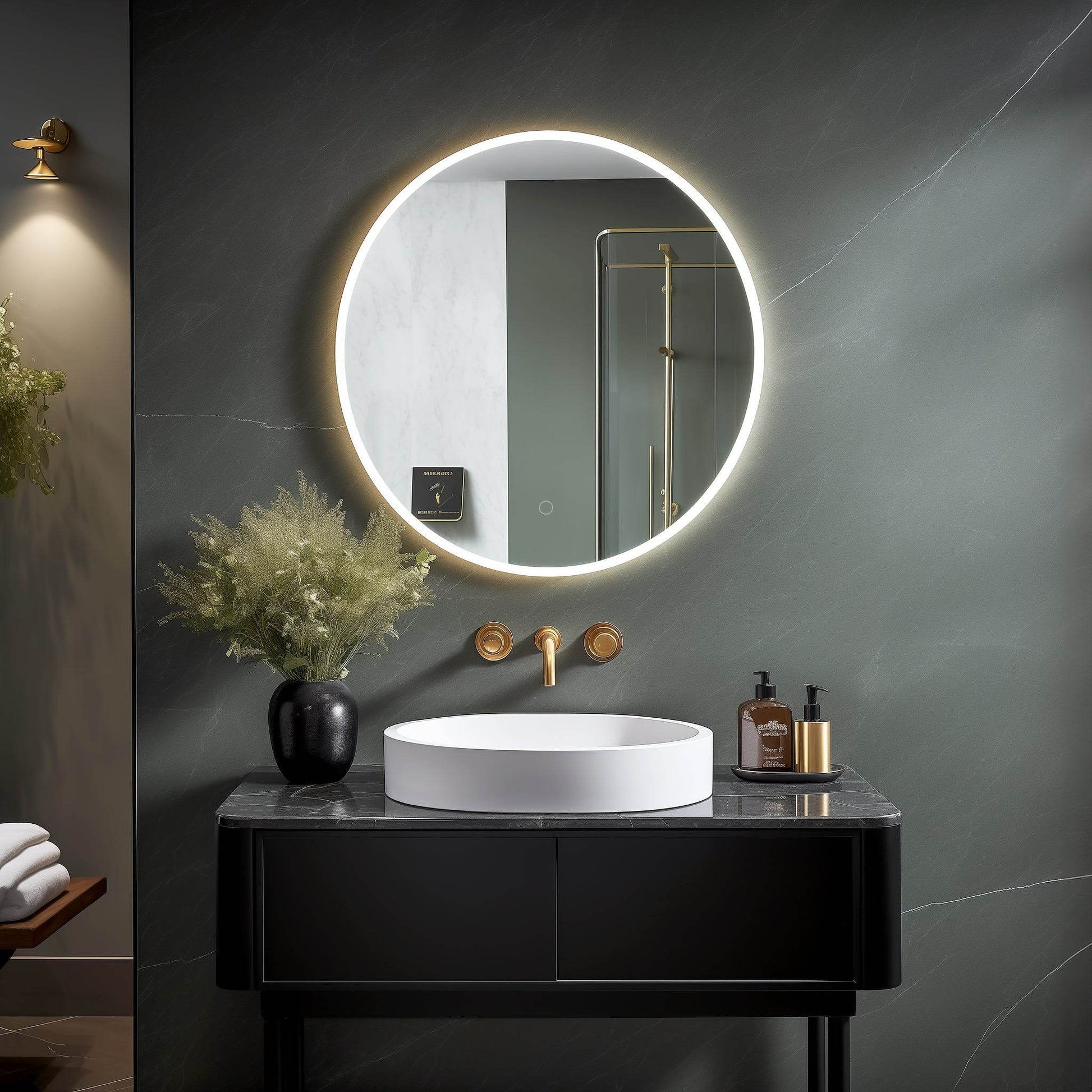 Onyx Frameless round LED mirror with touch sensor, defogger, and halo lighting effect - Dreamwerks