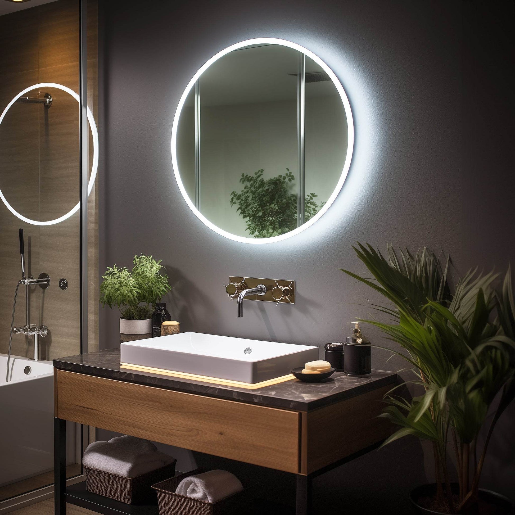 Onyx Frameless round LED mirror with touch sensor, defogger, and halo lighting effect - Dreamwerks
