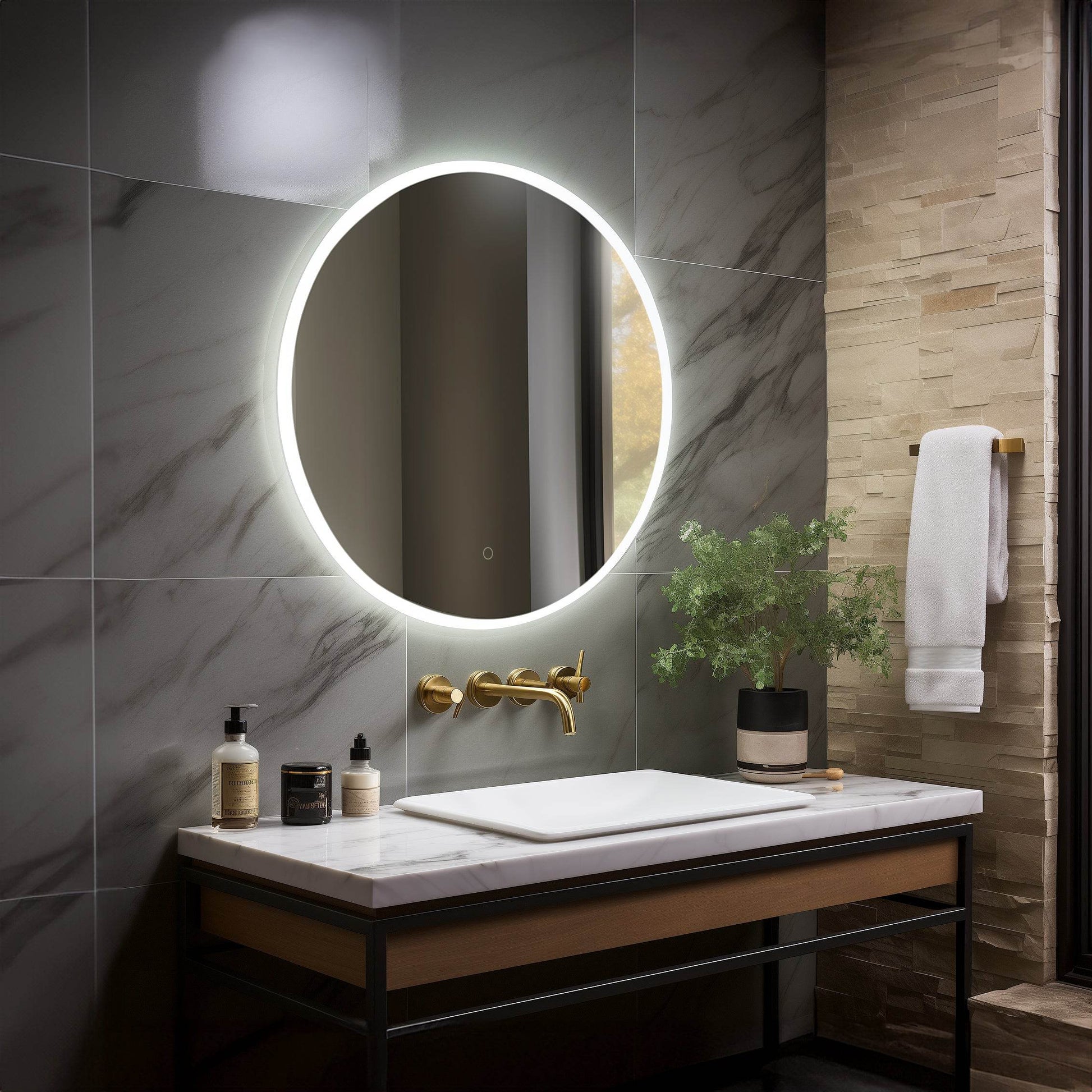 Onyx Frameless round LED mirror with touch sensor, defogger, and halo lighting effect - Dreamwerks