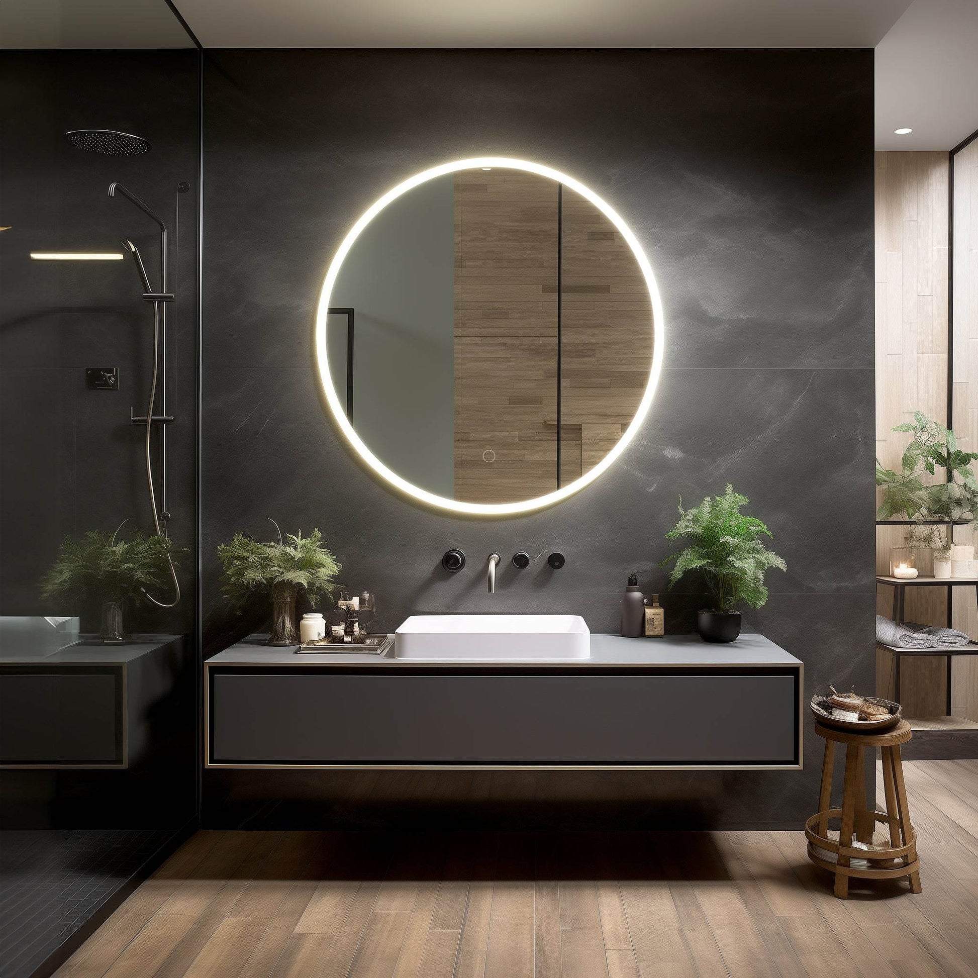 Onyx Frameless round LED mirror with touch sensor, defogger, and halo lighting effect - Dreamwerks