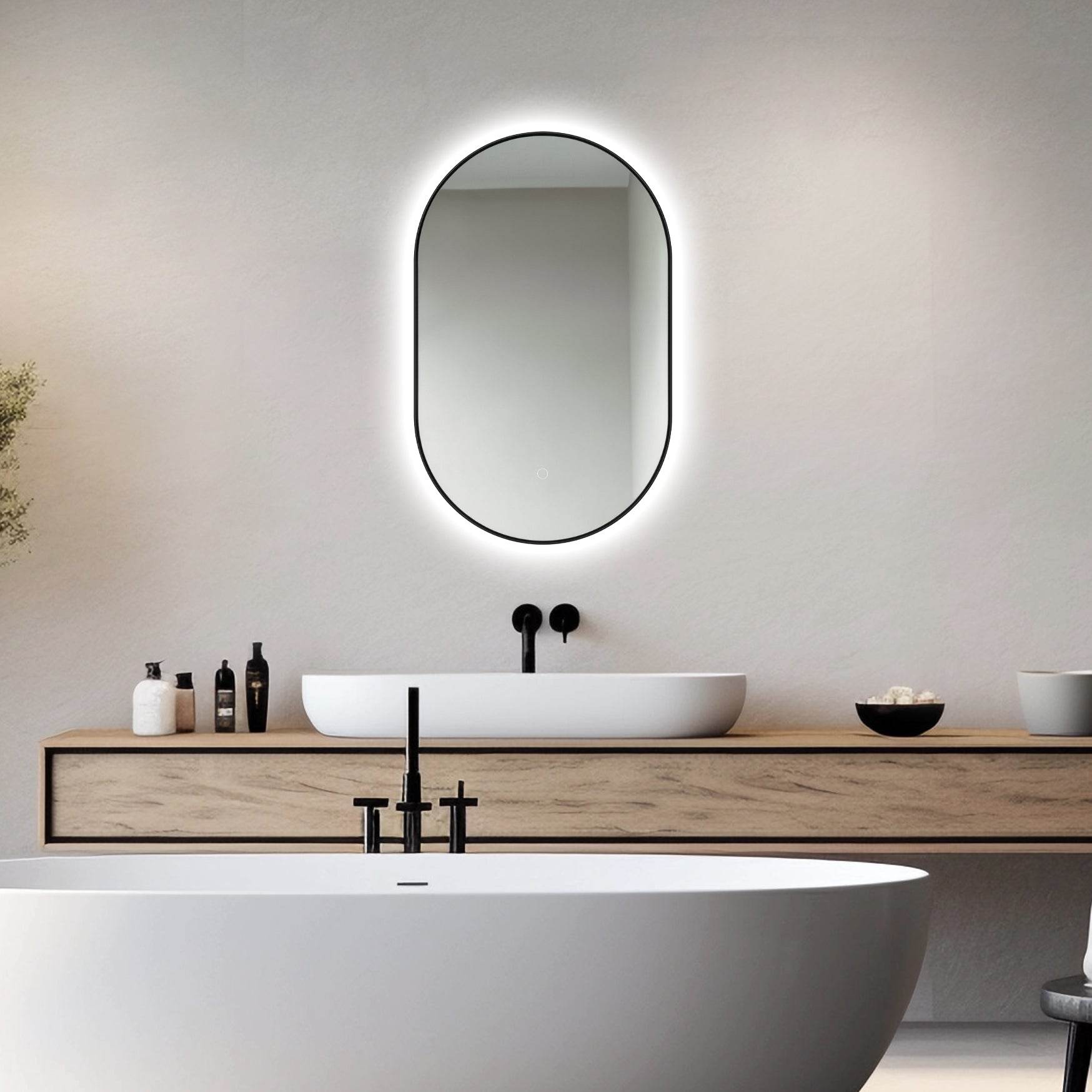Olivia 20" W x 32" H LED Lighted Bathroom Mirror with Dimmer & Defogger in Black Dreamwerks LED Mirror