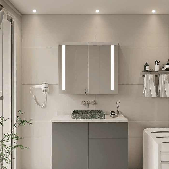 Solis LED Medicine Cabinet with Dimmable Lighting & Mirrored Doors – Waterproof Storage