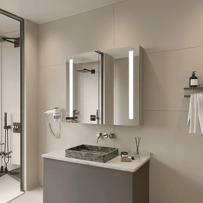 Solis LED Medicine Cabinet with Dimmable Lighting & Mirrored Doors – Waterproof Storage