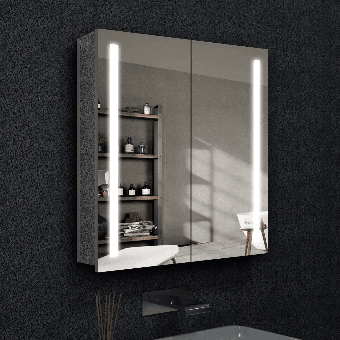 Solis LED Medicine Cabinet with Dimmable Lighting & Mirrored Doors – Waterproof Storage
