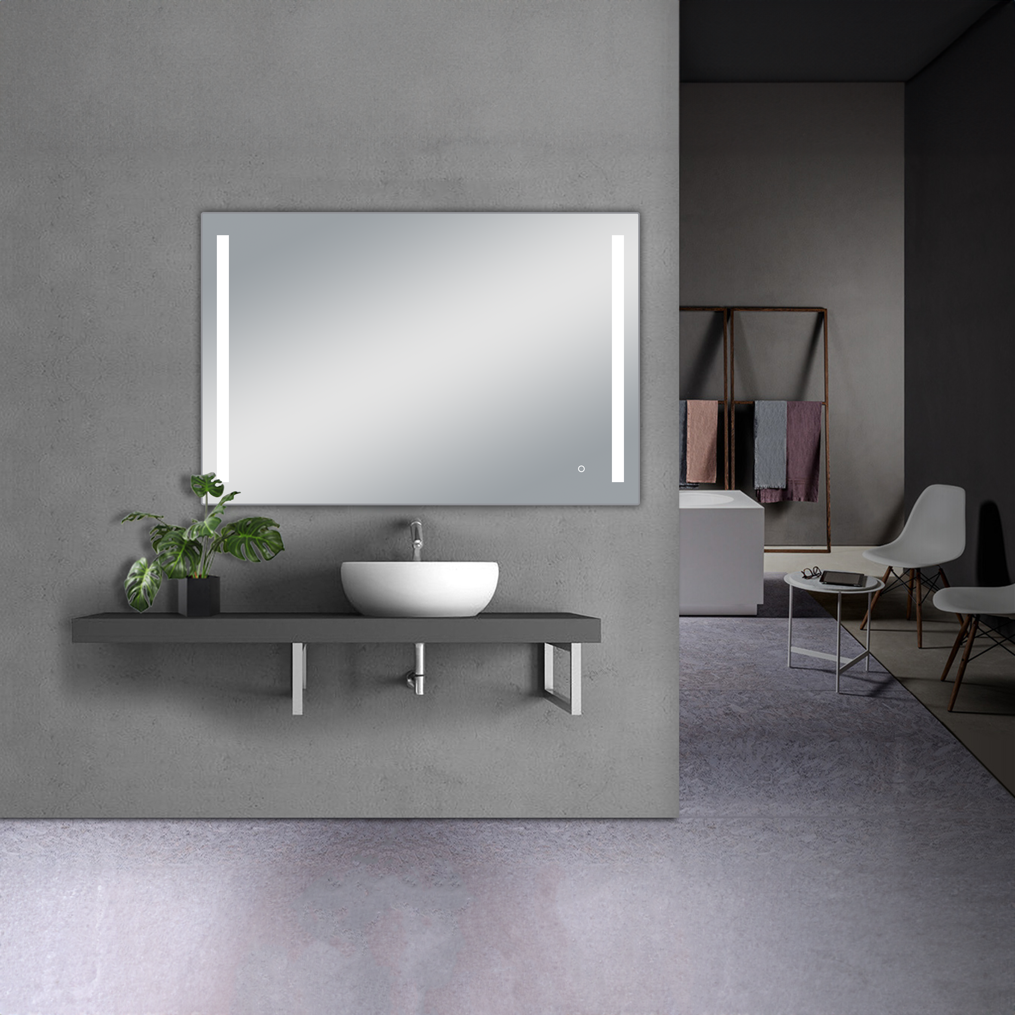 Dreamwerks Treviso LED Mirror with Dimmer and Defogger hanging on a grey wall in a modern bathroom.