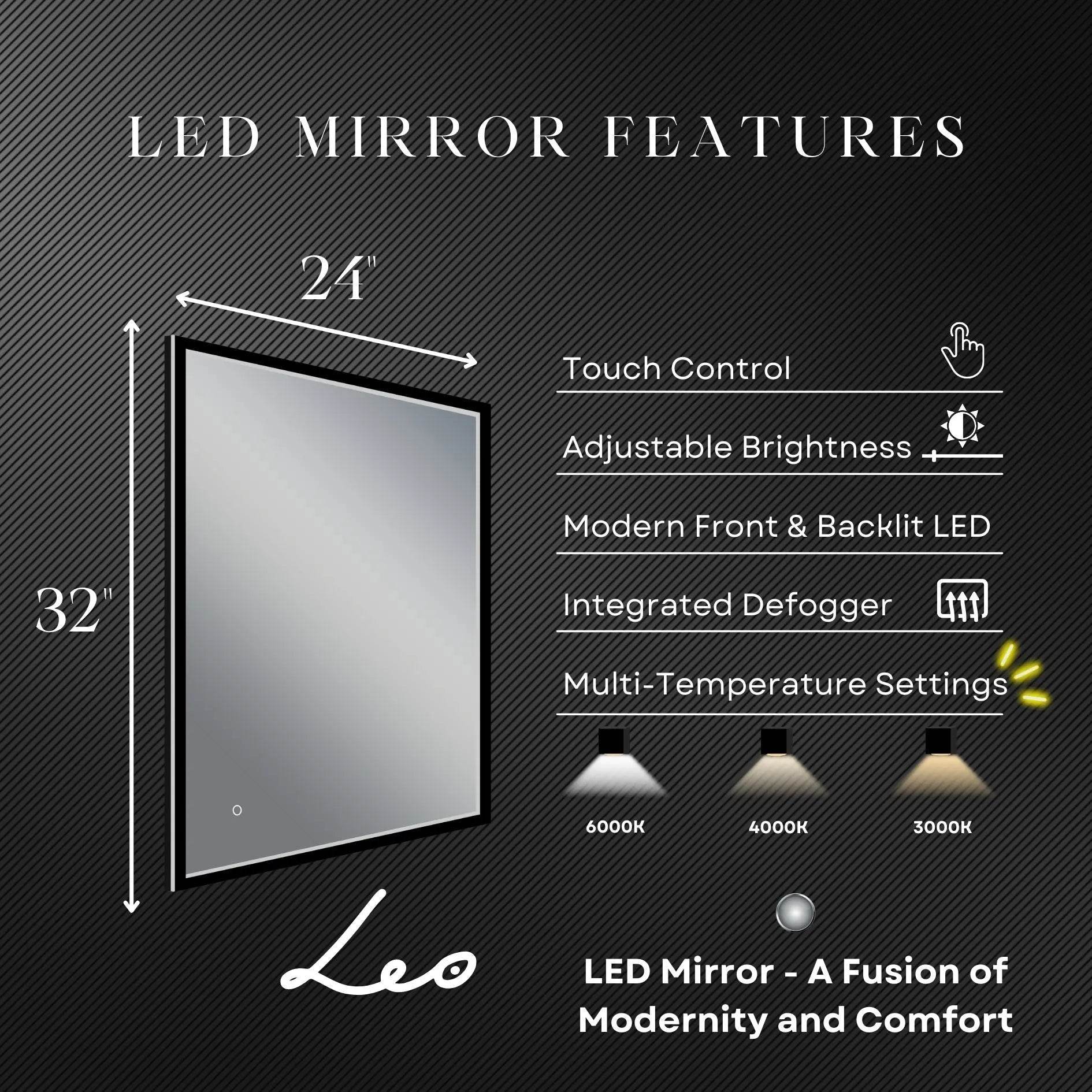 LEO Front & Backlit LED Lighted Mirror with Dimmer & Defogger - Available in 2 Sizes - Dreamwerks