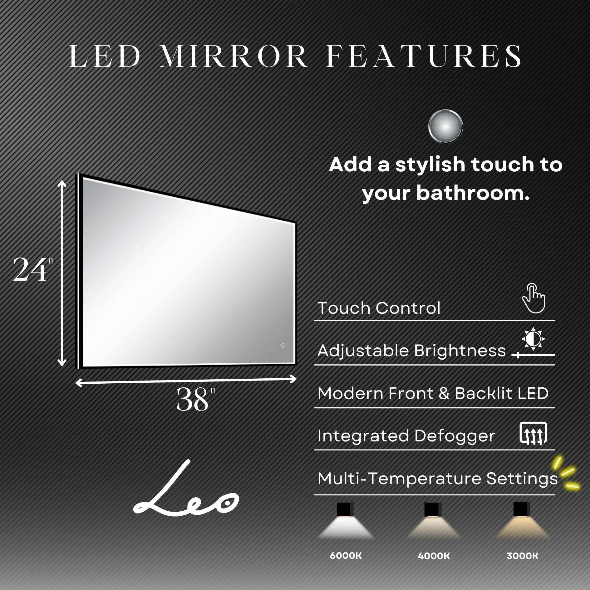 LEO Front & Backlit LED Lighted Mirror with Dimmer & Defogger - Available in 2 Sizes - Dreamwerks