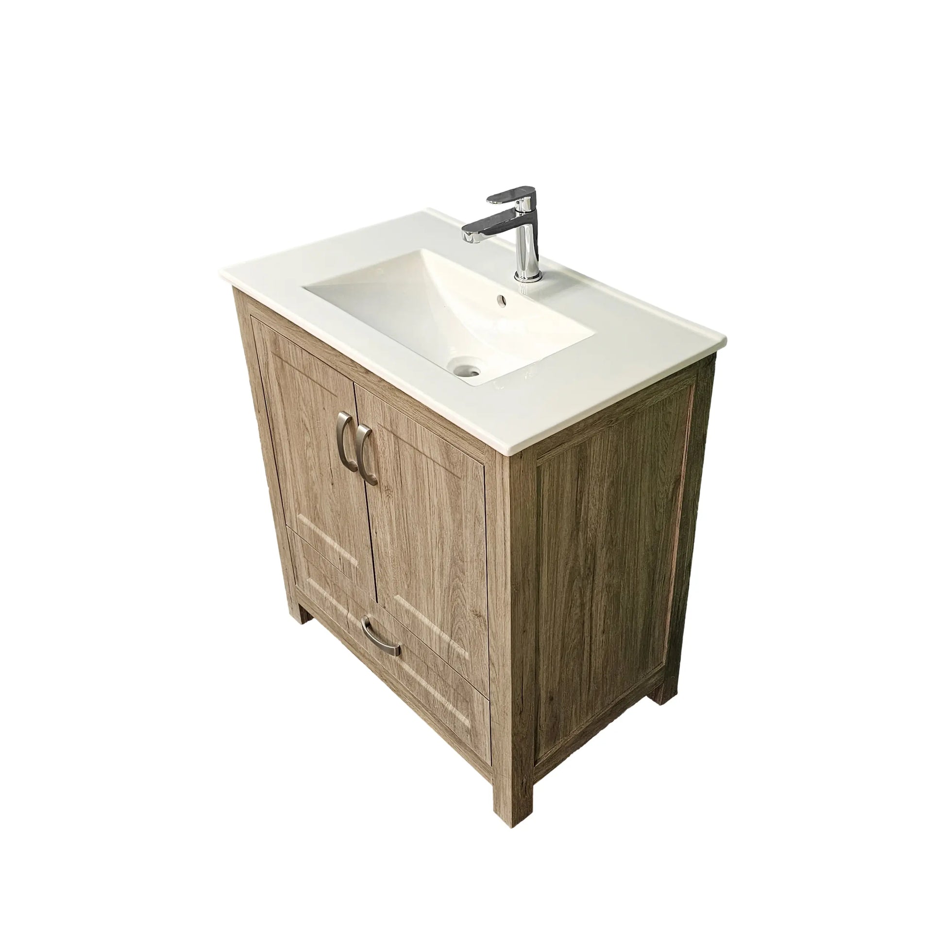 Bathroom vanity with wooden cabinet and white countertop on a white background