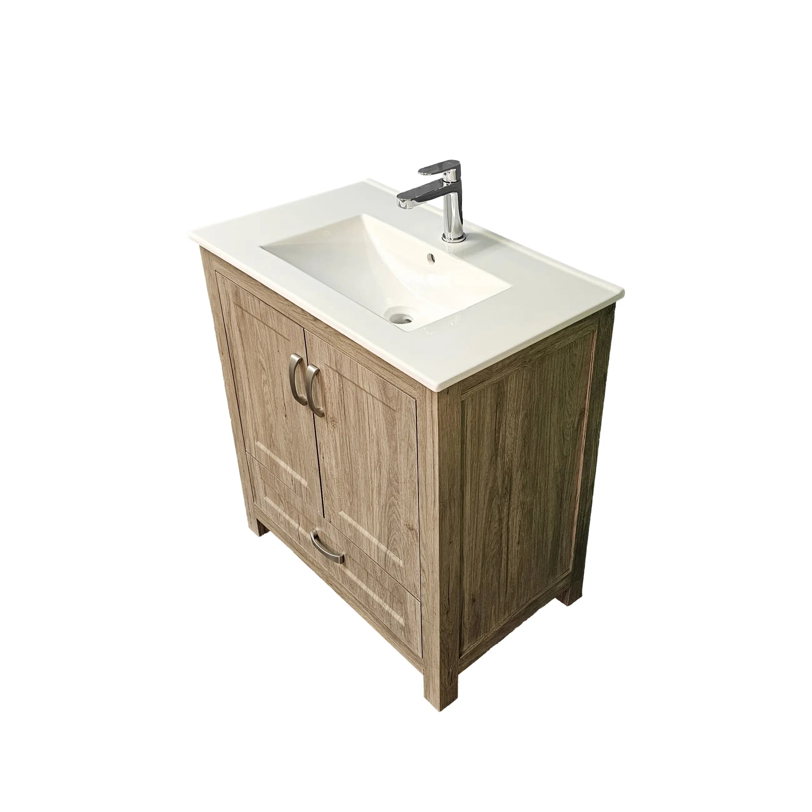 Bathroom vanity with wooden cabinet and white countertop on a white background