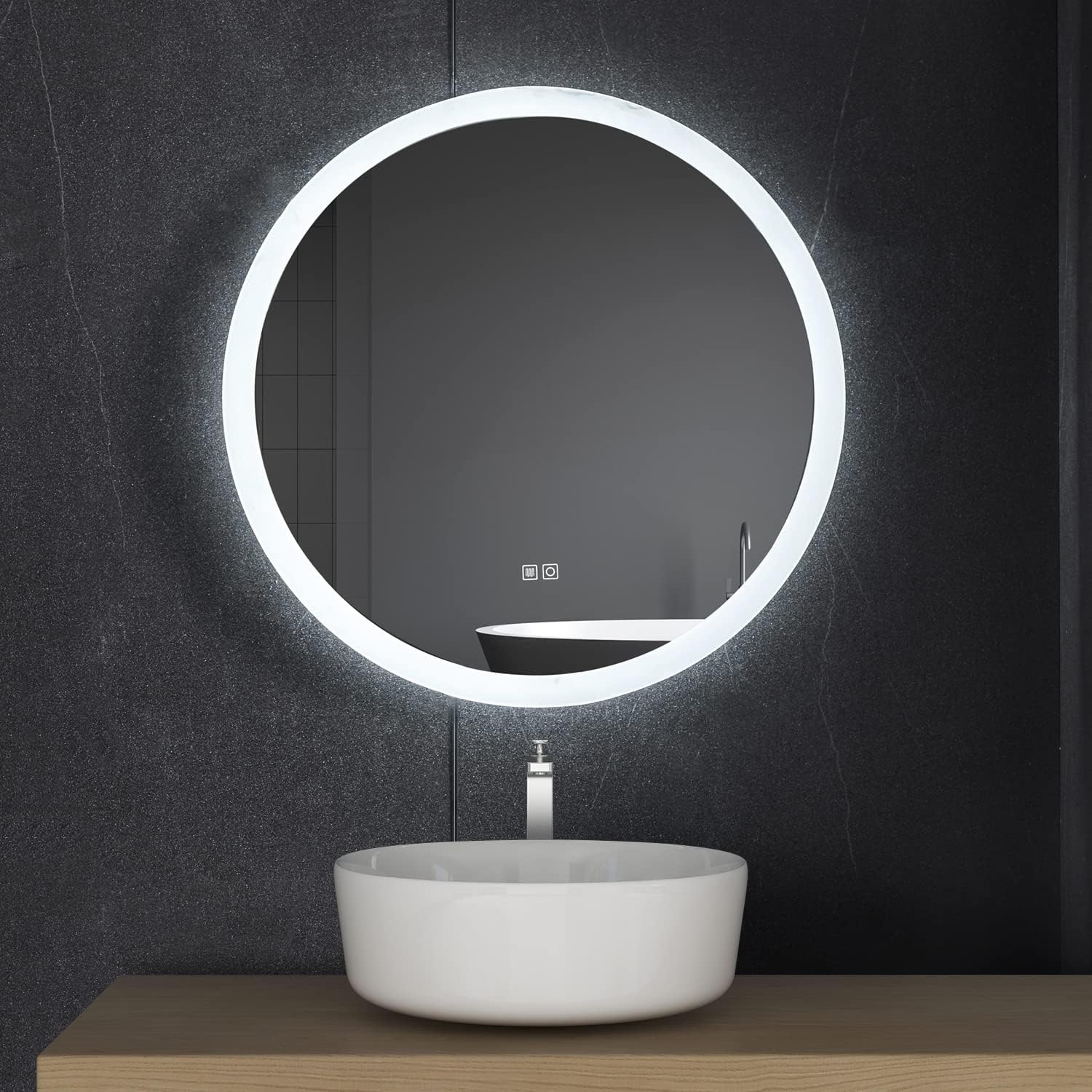 Dreamwerks-Mariana-24"-Round-LED-Mirror-integrated-Dimmer-Defogger-in-nice-luxury-bathroom-image-2