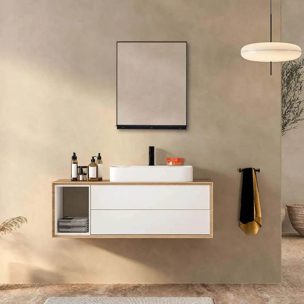 Lexi Matte black rectangular wall mirror with integrated shelf – a stylish framed bathroom mirror.