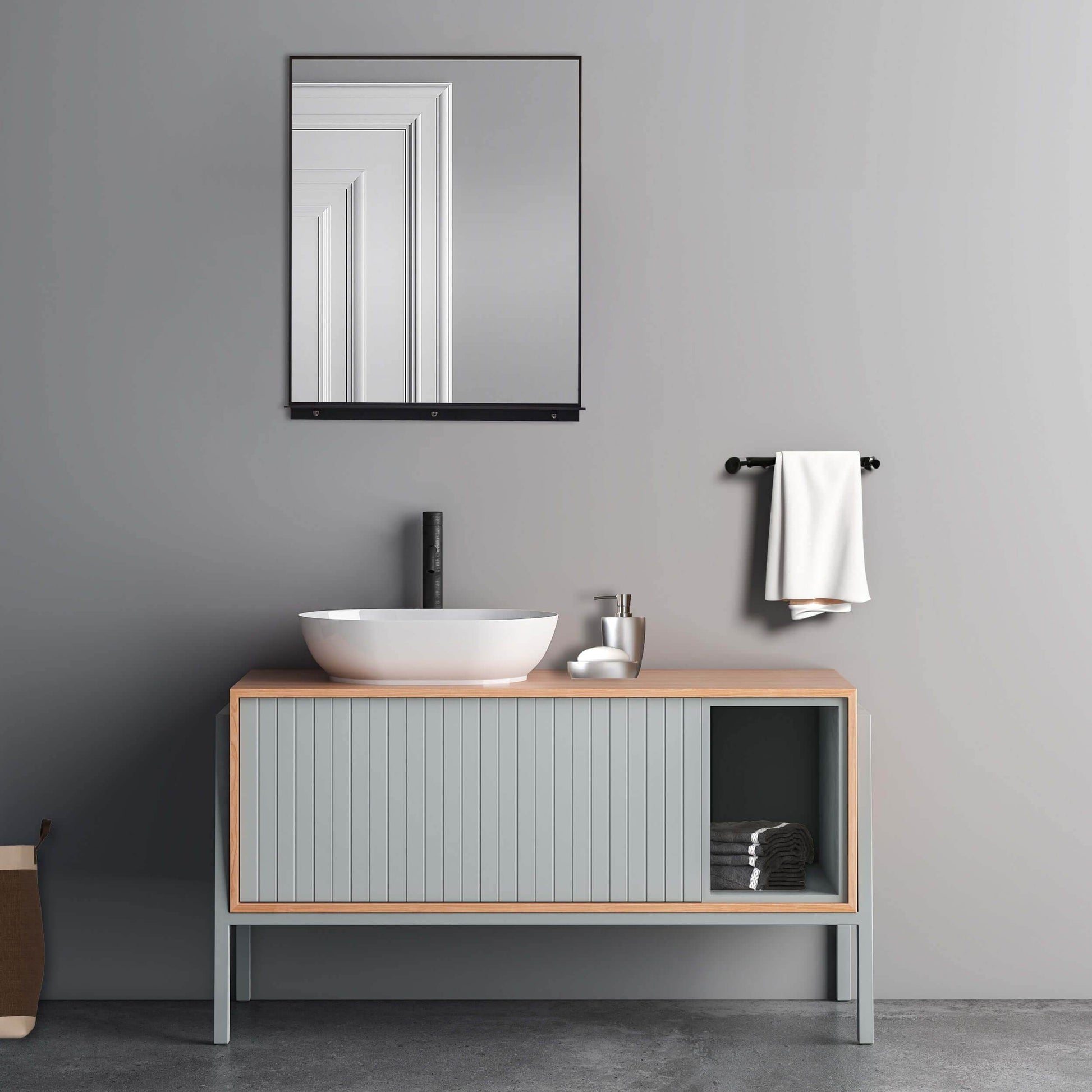 Lexi Matte black rectangular wall mirror with integrated shelf – a stylish framed bathroom mirror.