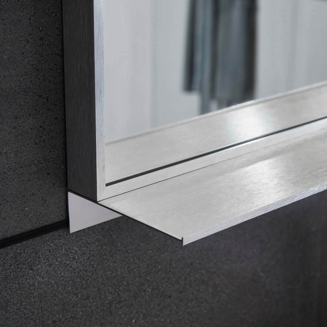 Lexi Wall mounted storage mirror with integrated shelf in brushed nickel – Rectangular framed design