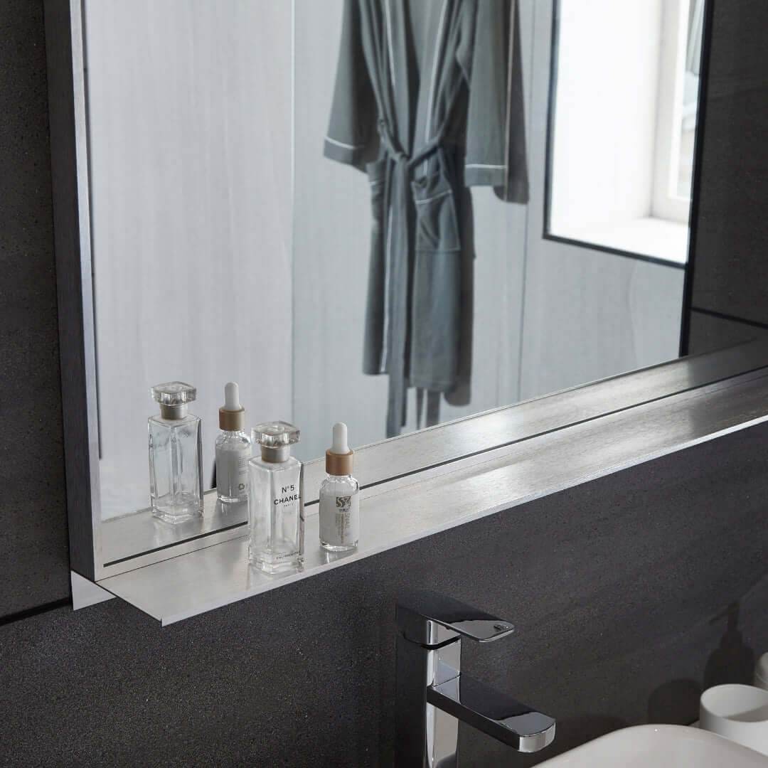 Lexi Wall mounted storage mirror with integrated shelf in brushed nickel – Rectangular framed design