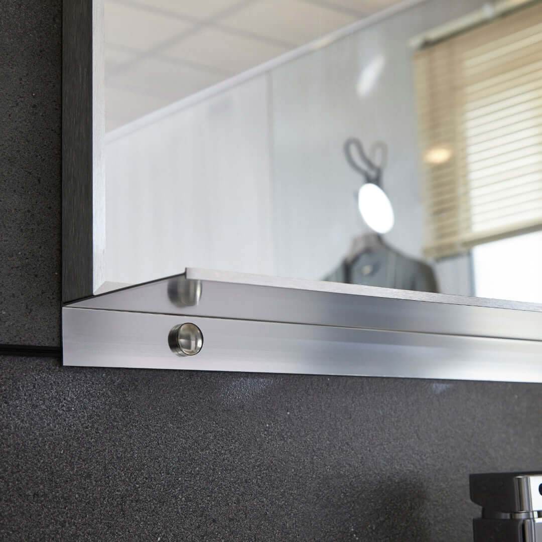 Lexi Wall mounted storage mirror with integrated shelf in brushed nickel – Rectangular framed design