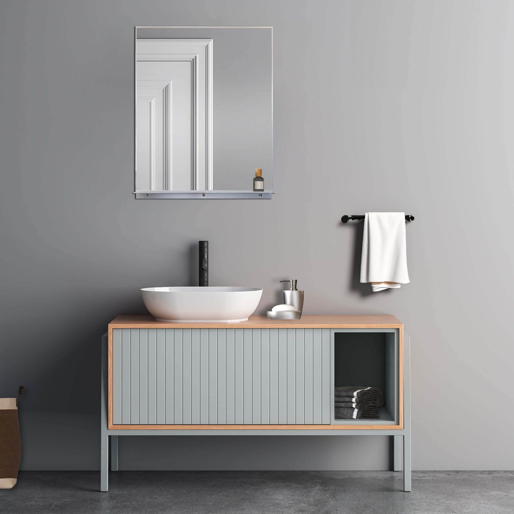 Lexi Wall mounted storage mirror with integrated shelf in brushed nickel – Rectangular framed design