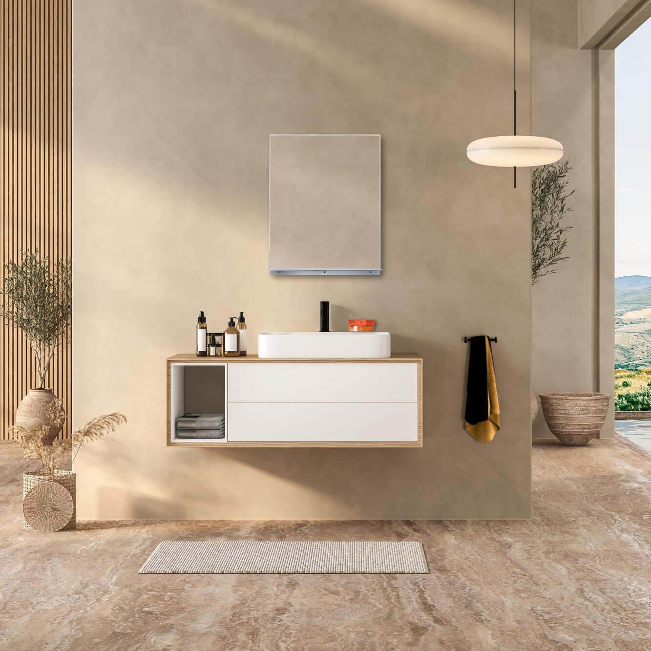 Lexi Wall mounted storage mirror with integrated shelf in brushed nickel – Rectangular framed design