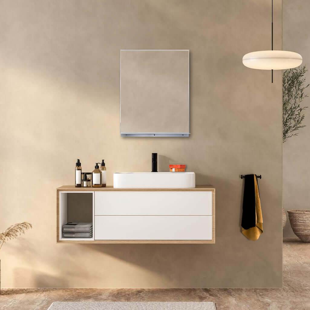 Lexi Wall mounted storage mirror with integrated shelf in brushed nickel – Rectangular framed design
