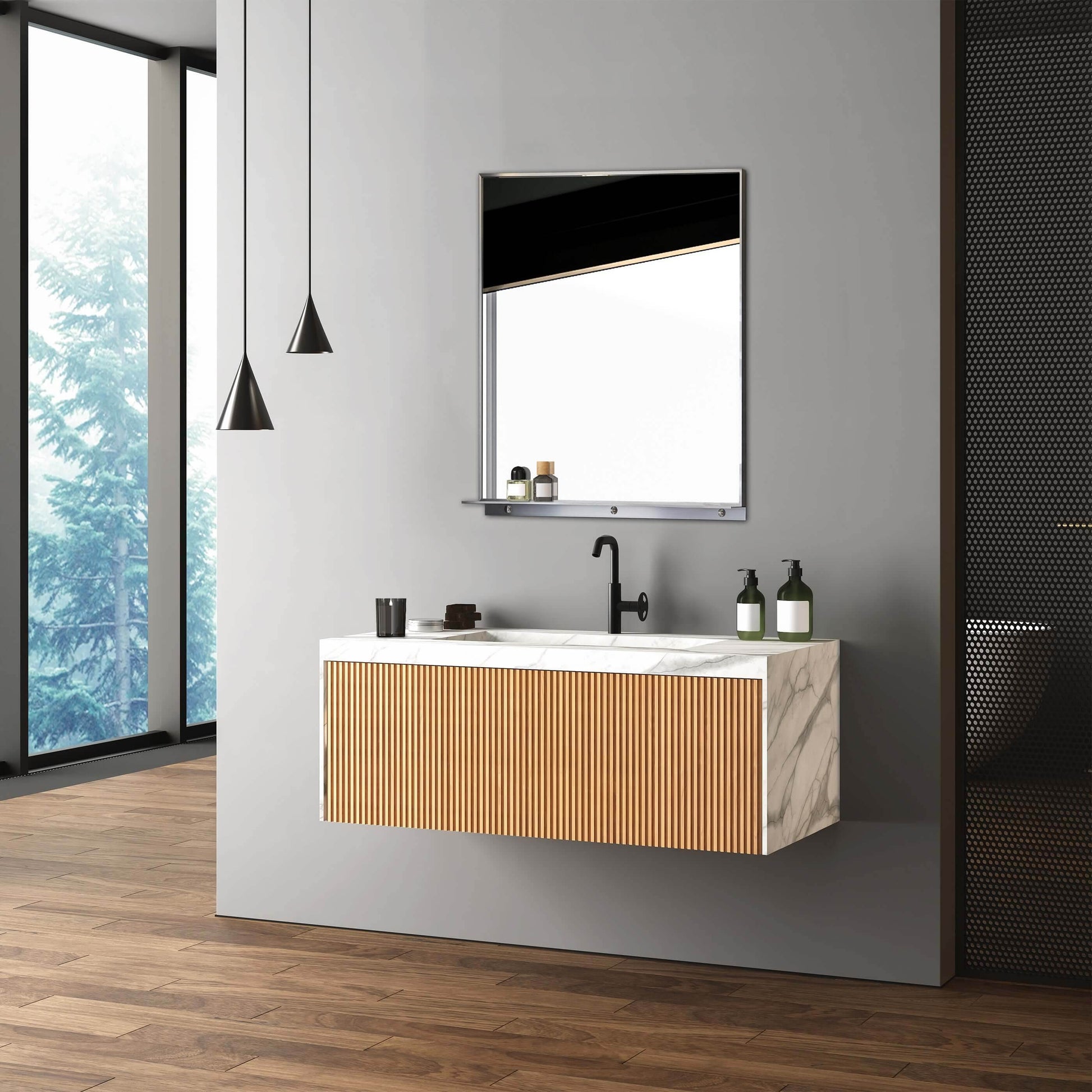 Lexi Wall mounted storage mirror with integrated shelf in brushed nickel – Rectangular framed design