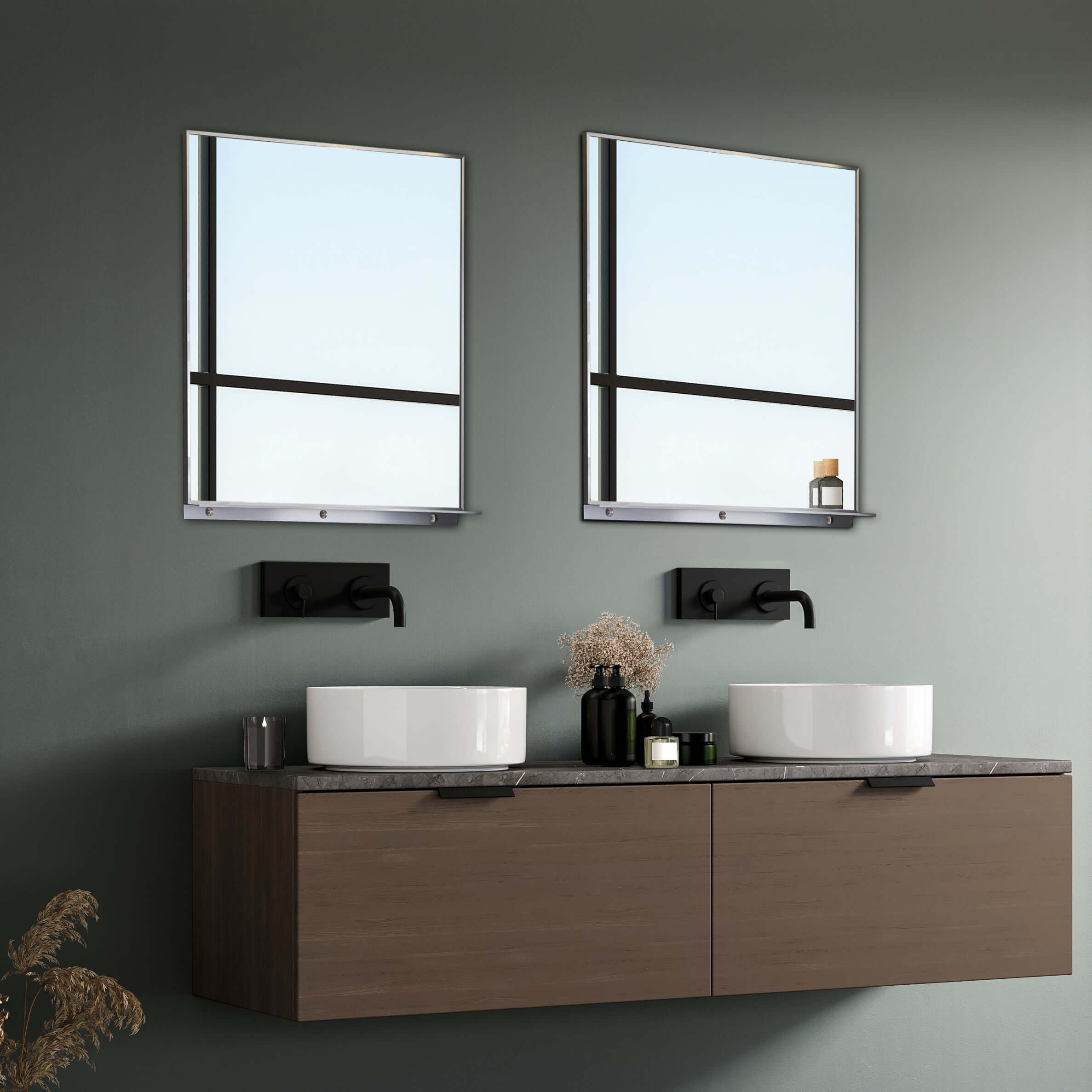 Lexi 24"W x 32"H Rectangular Framed Mirror with Integrated Shelf in Brushed Nickel - Dreamwerks