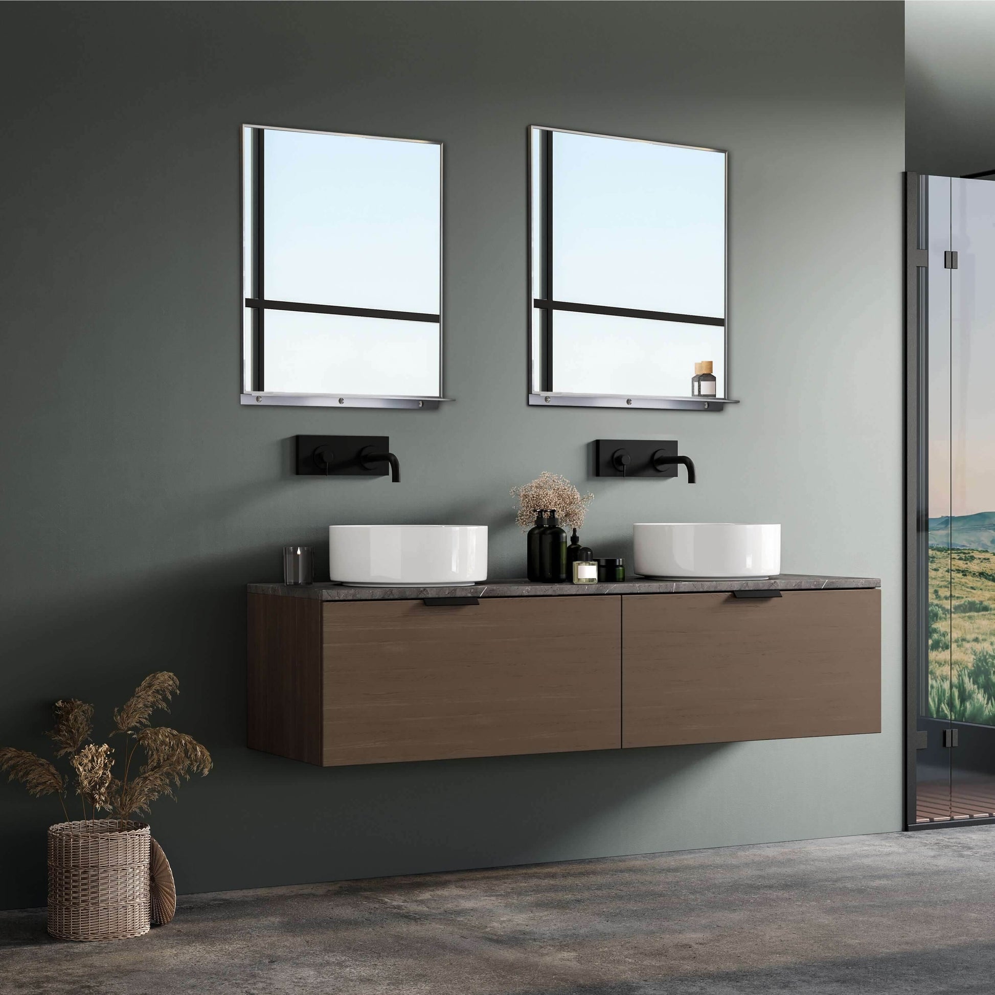 Lexi Wall mounted storage mirror with integrated shelf in brushed nickel – Rectangular framed design