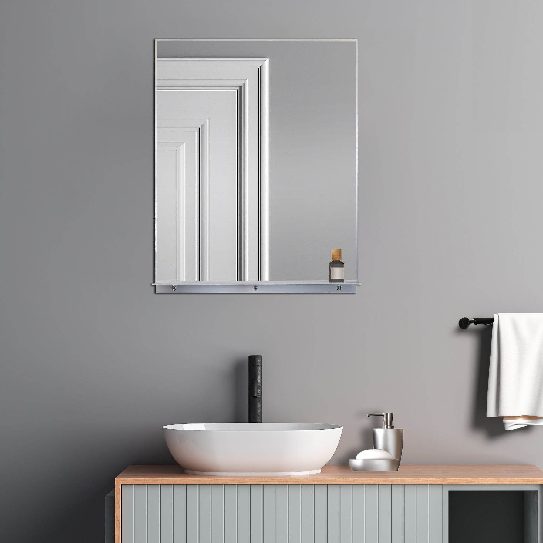 Lexi 24" x 32" Black & Brushed Nickel Framed Wall Mirror with Shelf – Water Resistant & Versatile