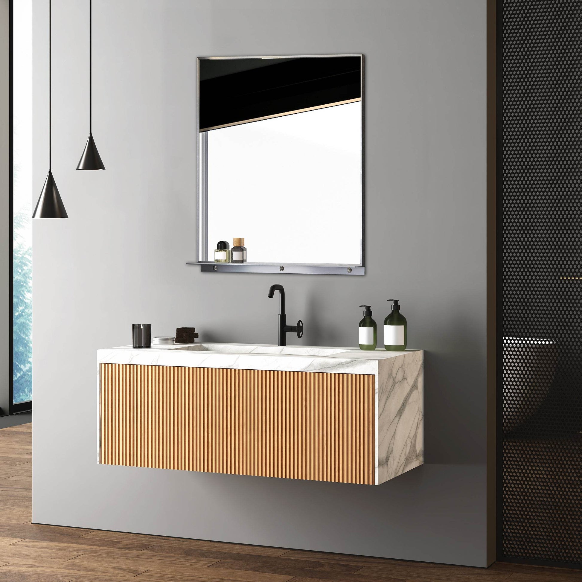 Lexi 24" x 32" Black & Chrome Framed Wall Mirror with Shelf – Water Resistant & Versatile