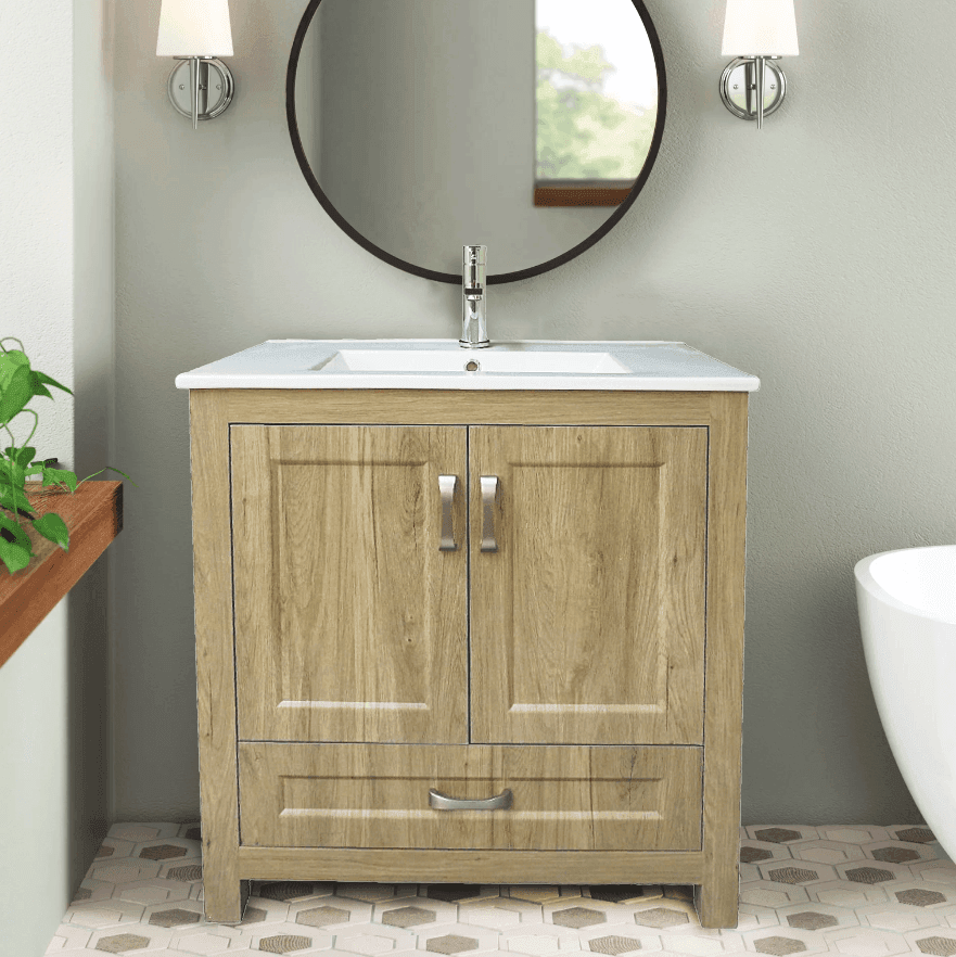 Livorno 30" W x 19" D x 33" H Vanity with White Ceramic Vanity Top in Woodgrain Finish - Dreamwerks