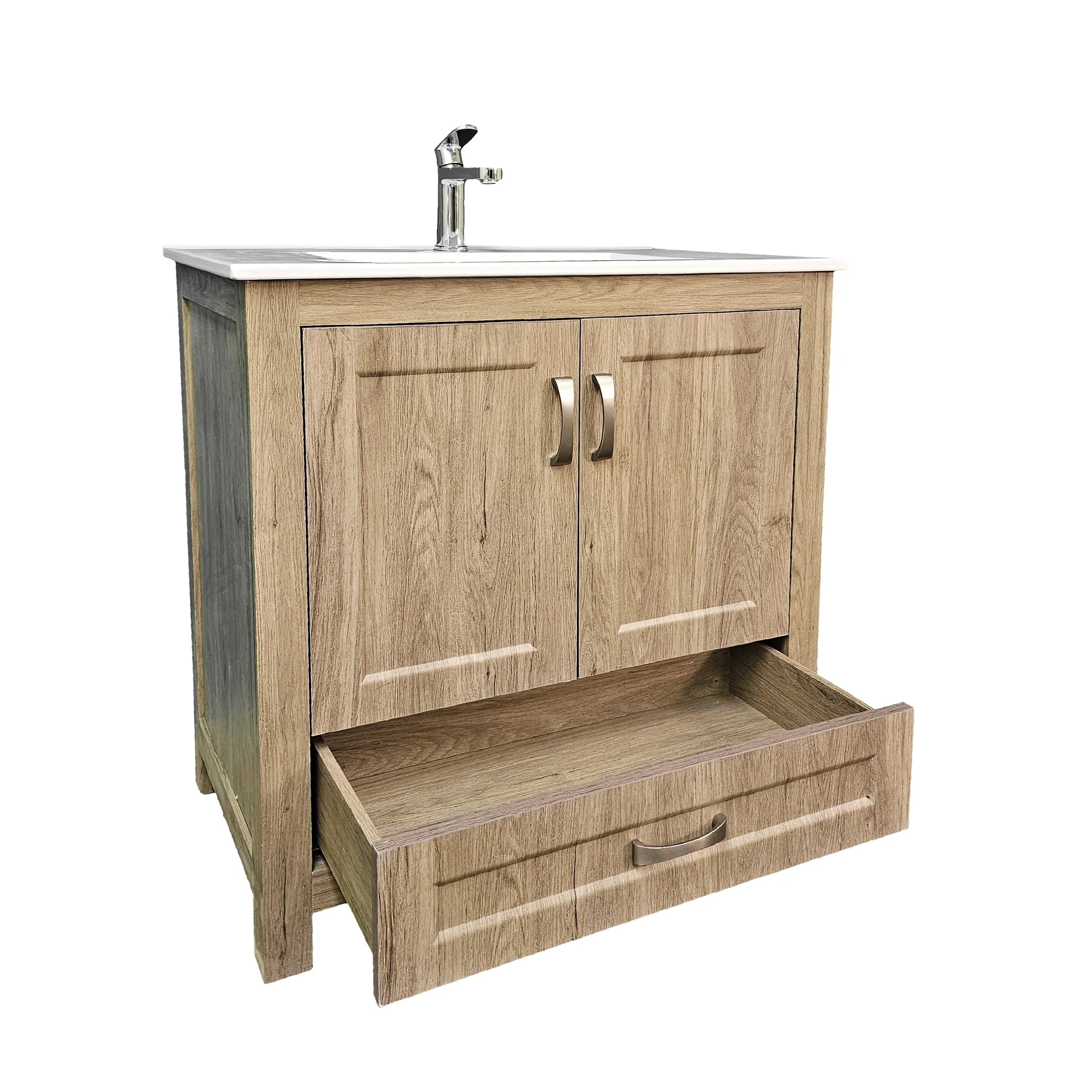 Wooden bathroom vanity with sink and open drawer on a white background