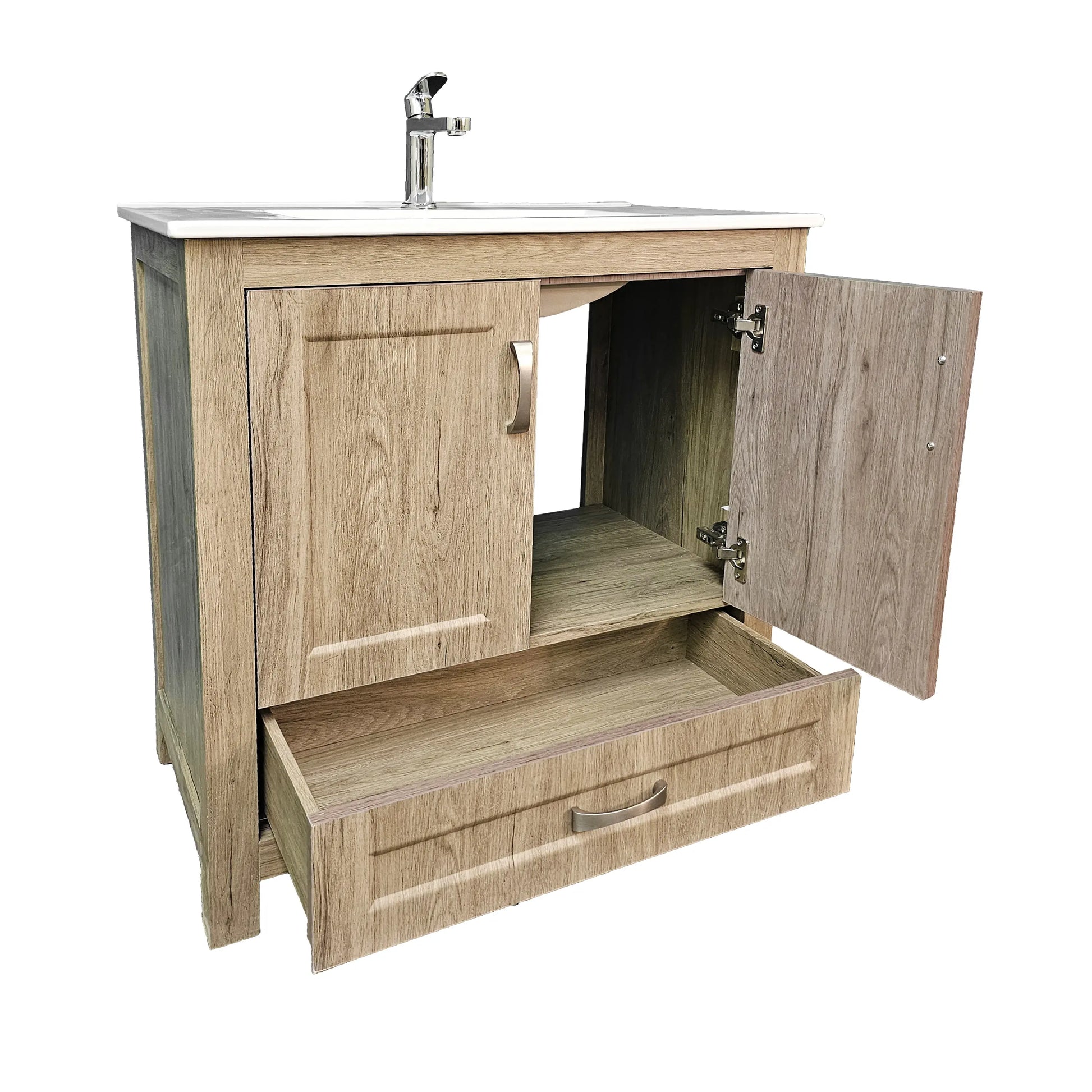 Wooden bathroom vanity with open cabinet and sink on a white background