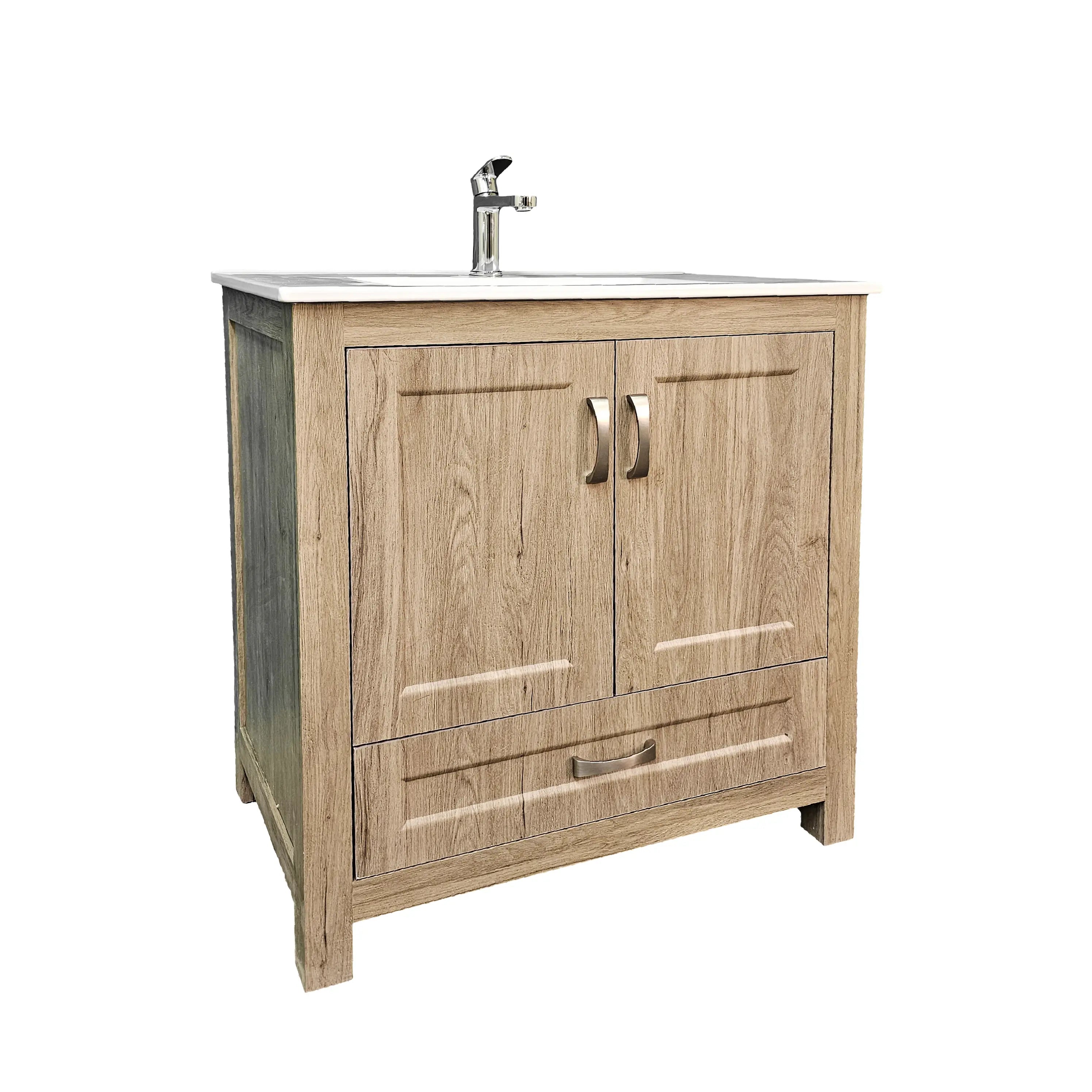 Bathroom vanity with wooden finish, two doors, and a sink on a white background