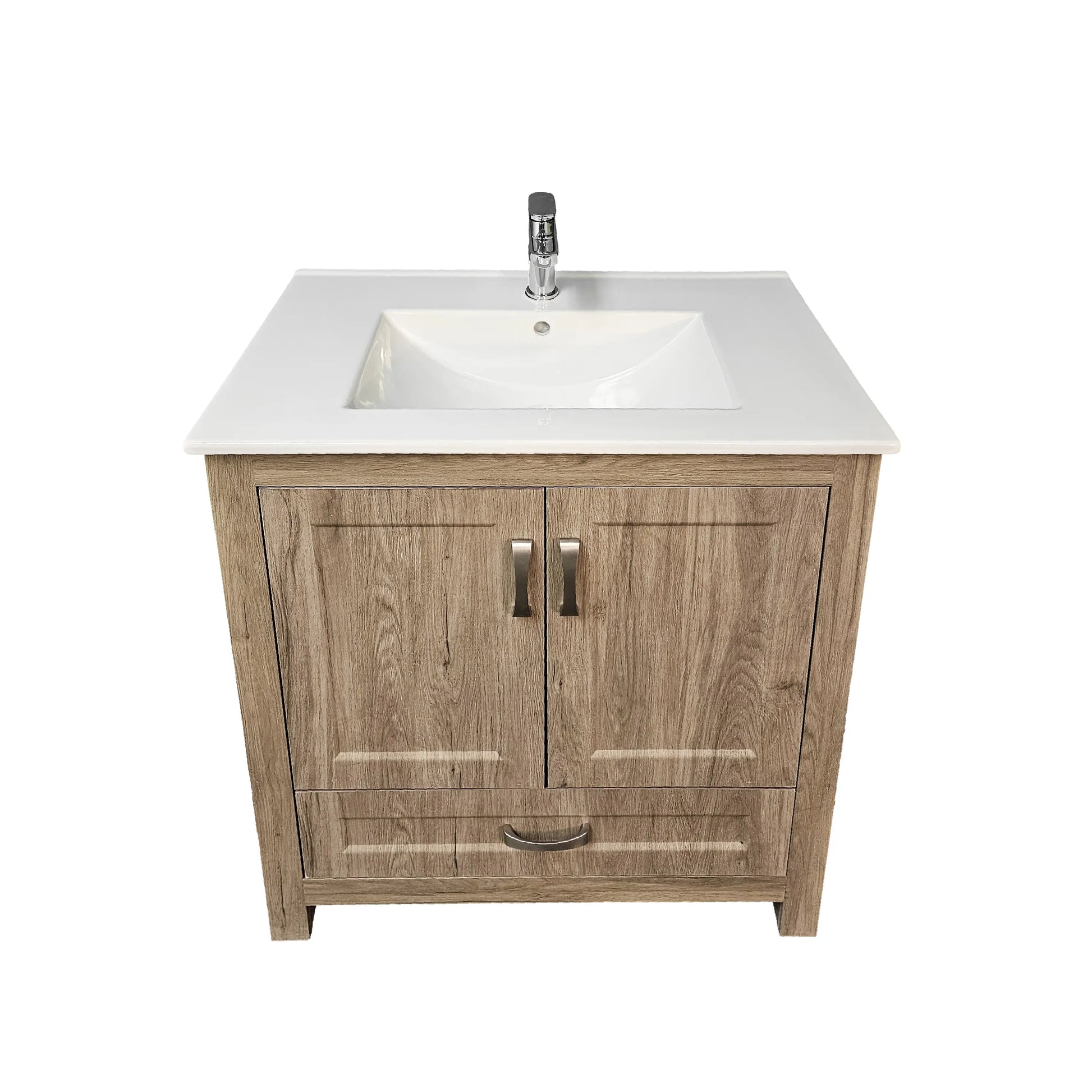 Bathroom vanity with wooden cabinet and white countertop on a white background
