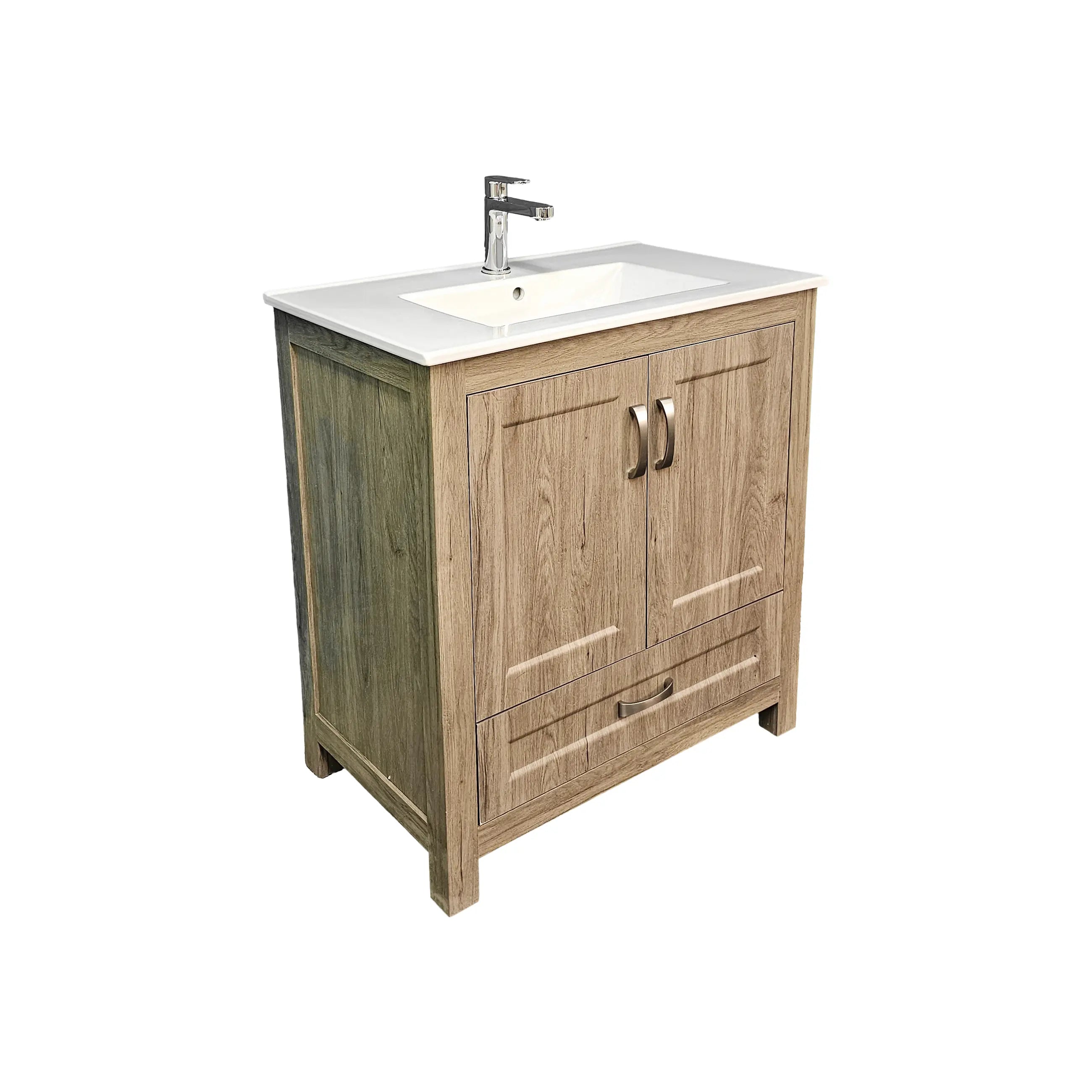 Wooden bathroom vanity with white countertop and faucet on a white background